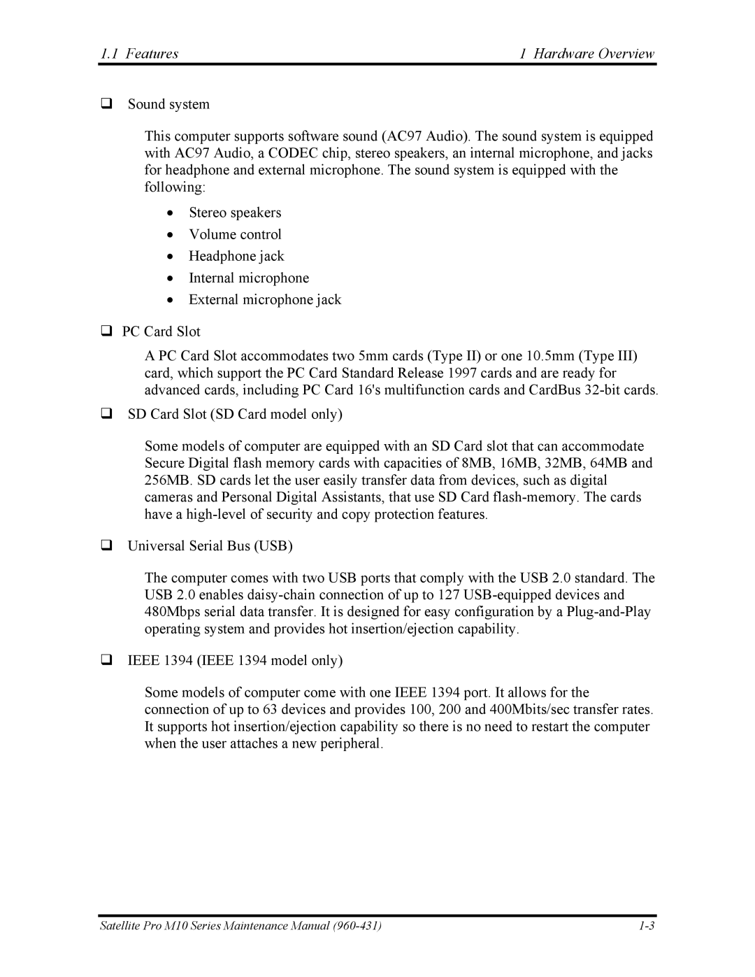 Toshiba M10 manual Features Hardware Overview 