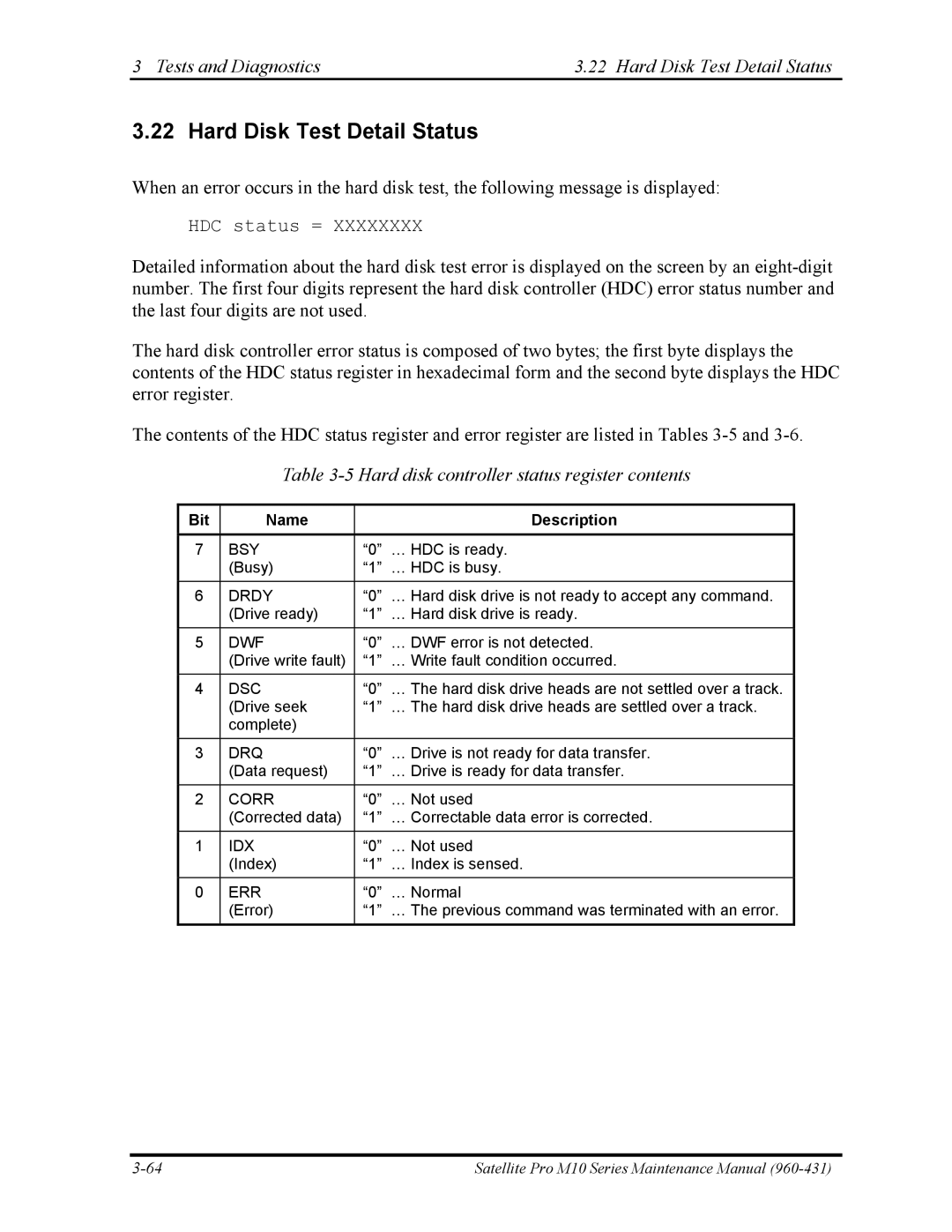 Toshiba M10 manual Tests and Diagnostics Hard Disk Test Detail Status, Hard disk controller status register contents 