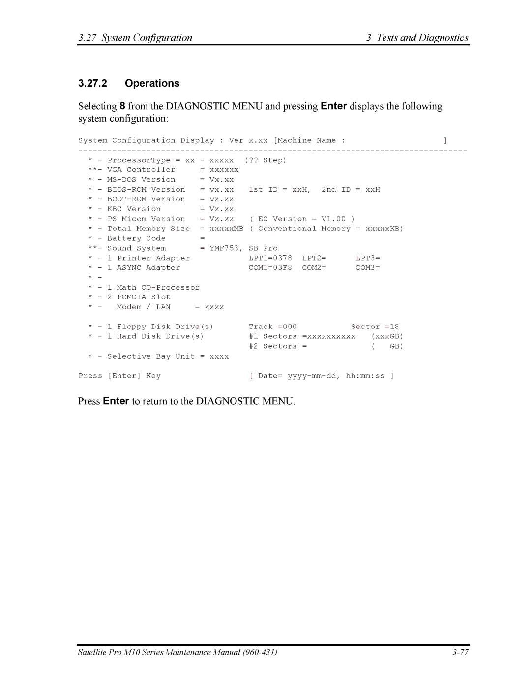 Toshiba M10 manual System Configuration Tests and Diagnostics, COM2= COM3= 