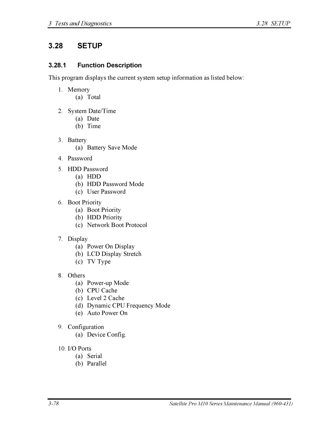 Toshiba M10 manual Tests and Diagnostics Setup 