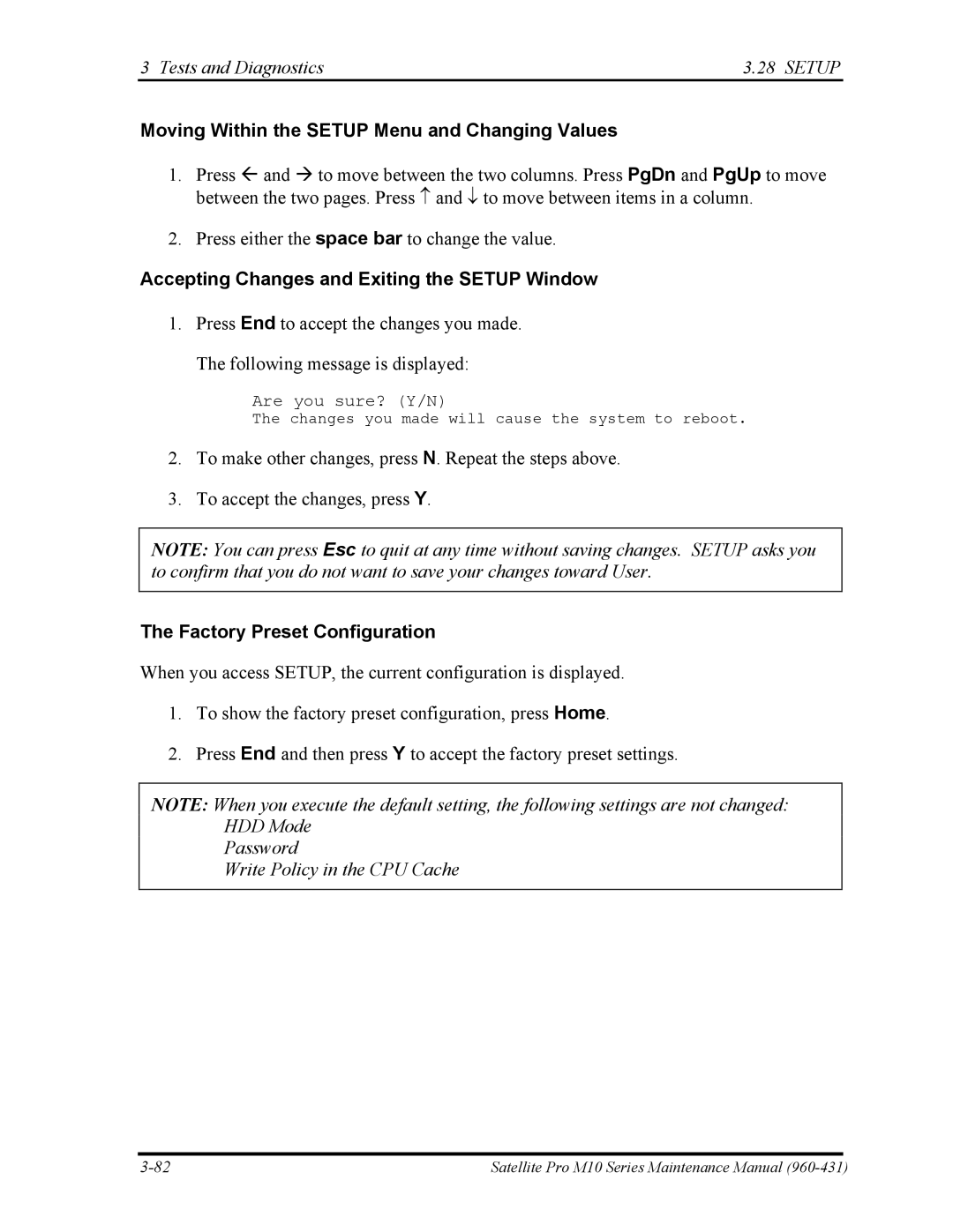 Toshiba M10 manual Moving Within the Setup Menu and Changing Values, Accepting Changes and Exiting the Setup Window 