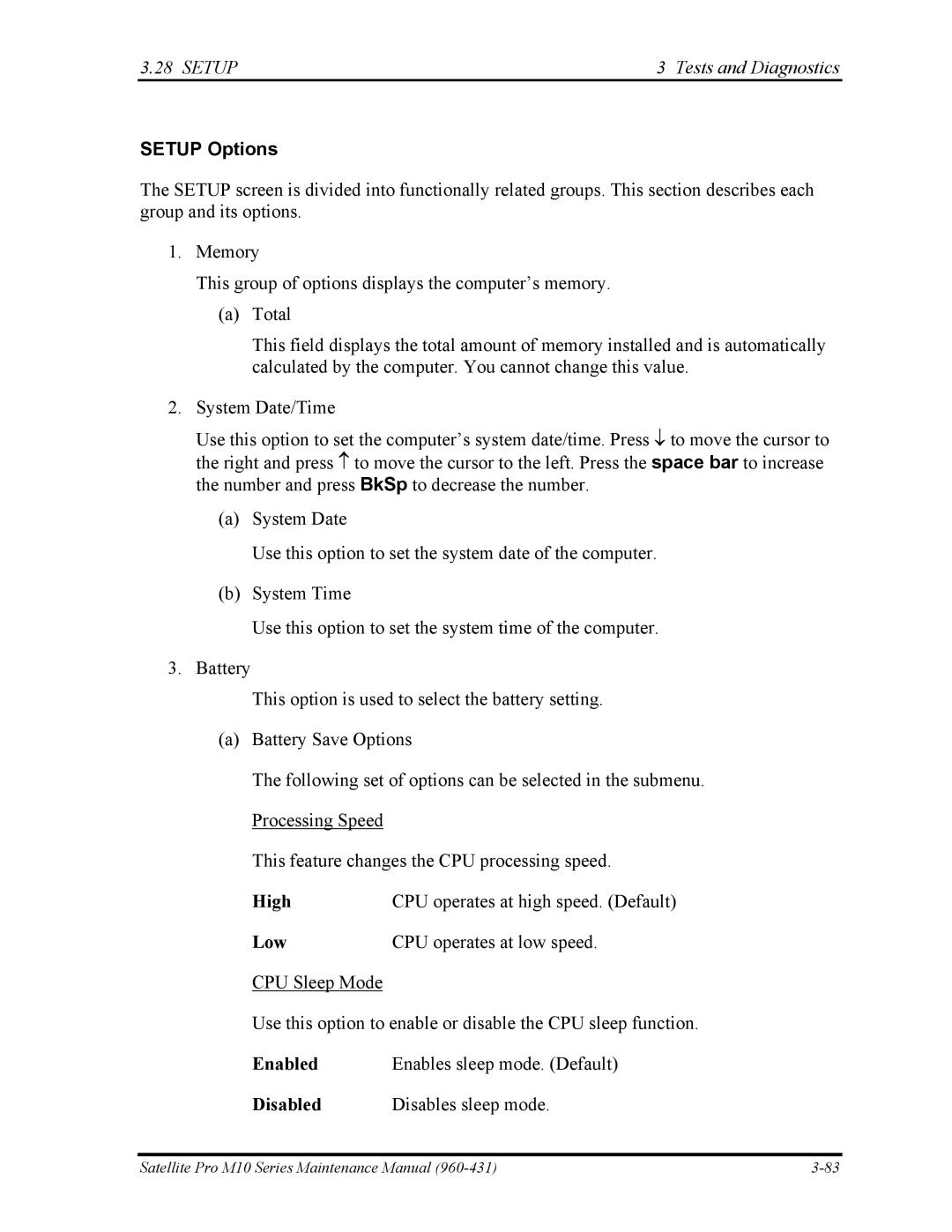 Toshiba M10 manual Setup Tests and Diagnostics, Setup Options 