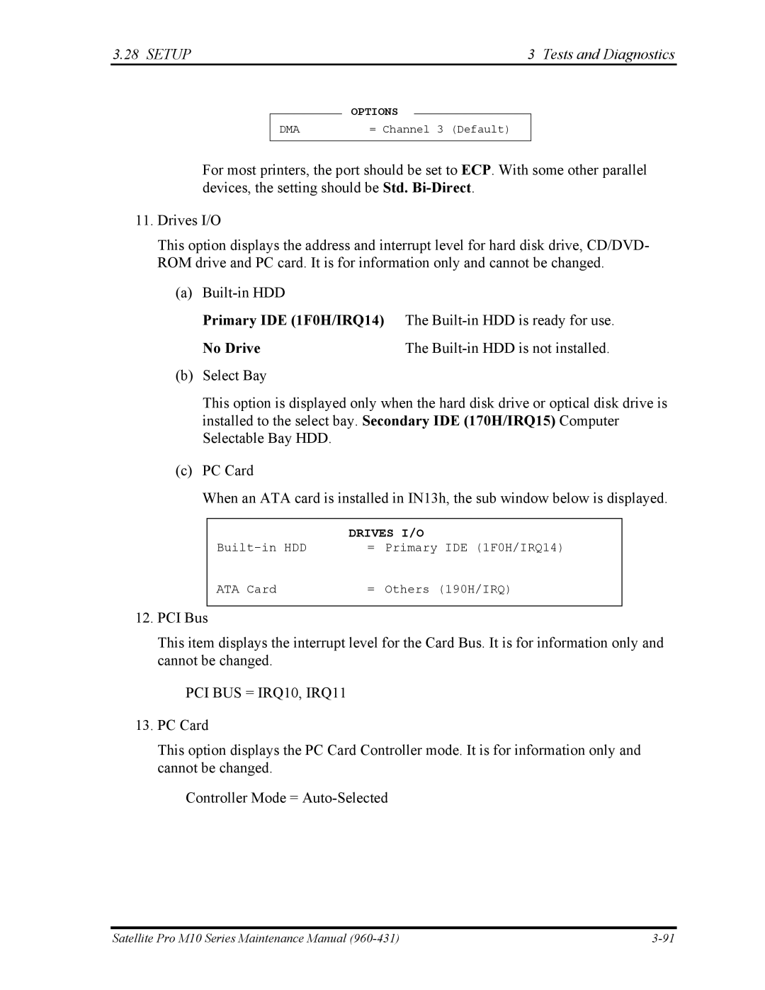 Toshiba M10 manual No Drive, PCI BUS = IRQ10, IRQ11 