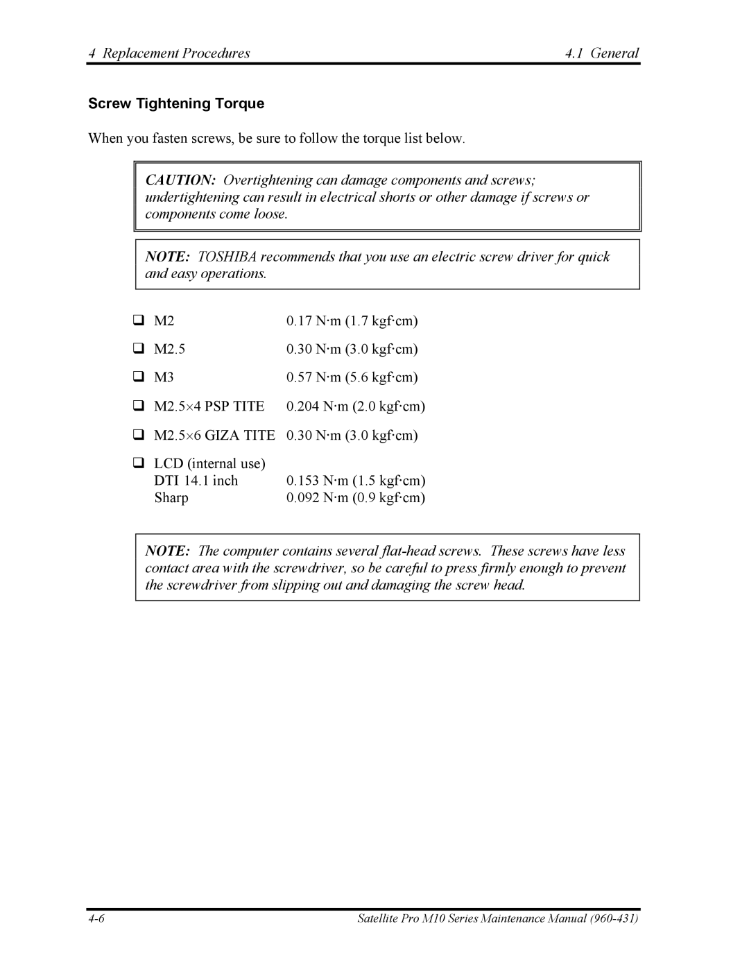 Toshiba M10 manual Screw Tightening Torque, M2.5⋅6 Giza Tite 