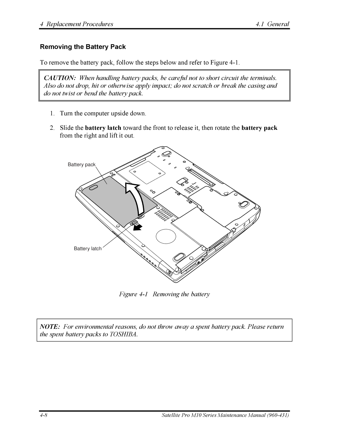 Toshiba M10 manual Removing the Battery Pack, Removing the battery 