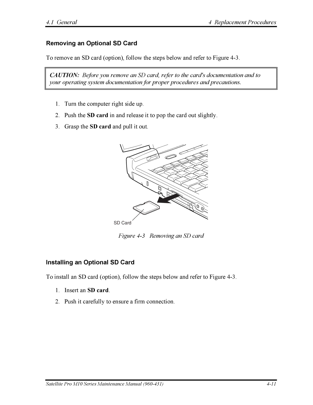 Toshiba M10 manual Removing an Optional SD Card, Installing an Optional SD Card 