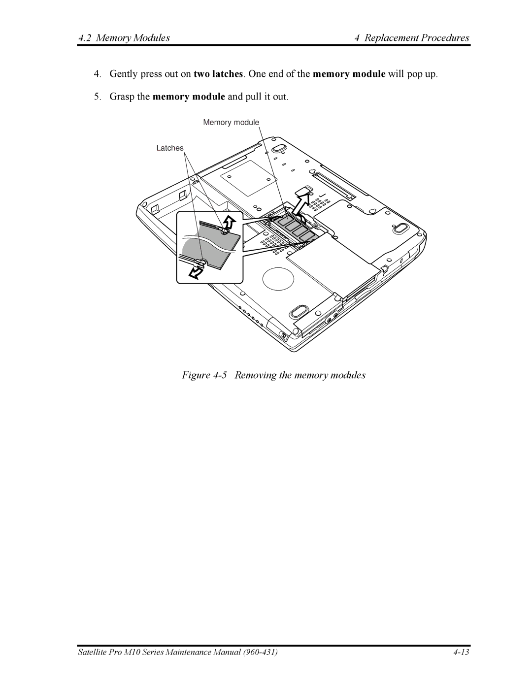 Toshiba M10 manual Memory Modules Replacement Procedures, Removing the memory modules 