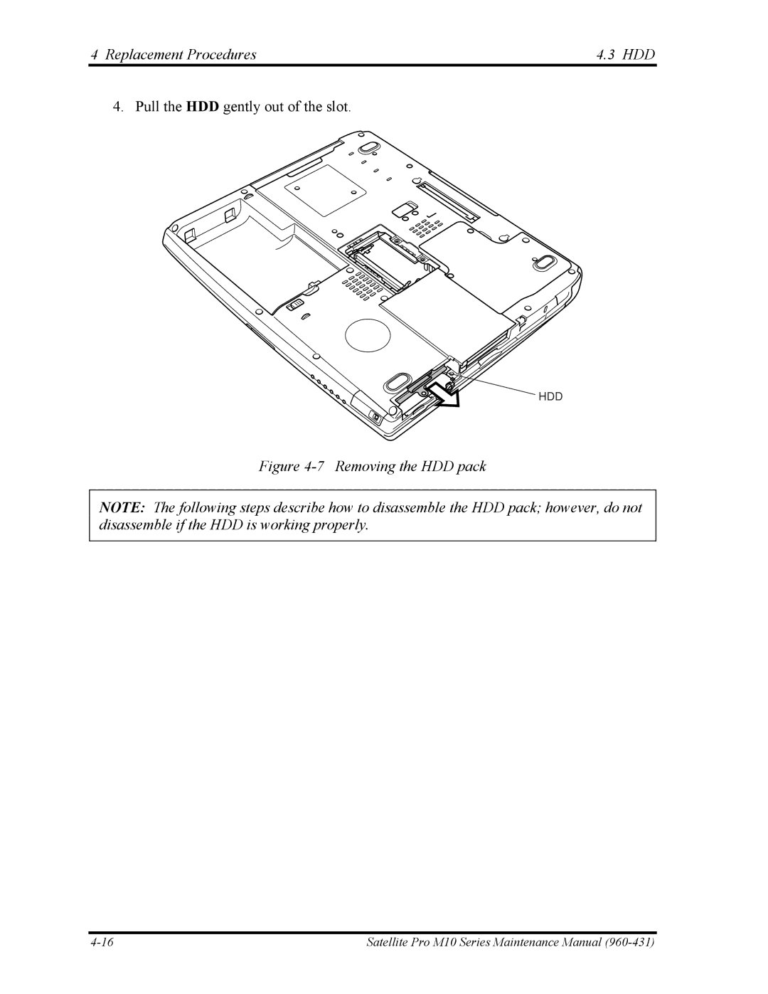 Toshiba M10 manual Replacement Procedures HDD, Removing the HDD pack 