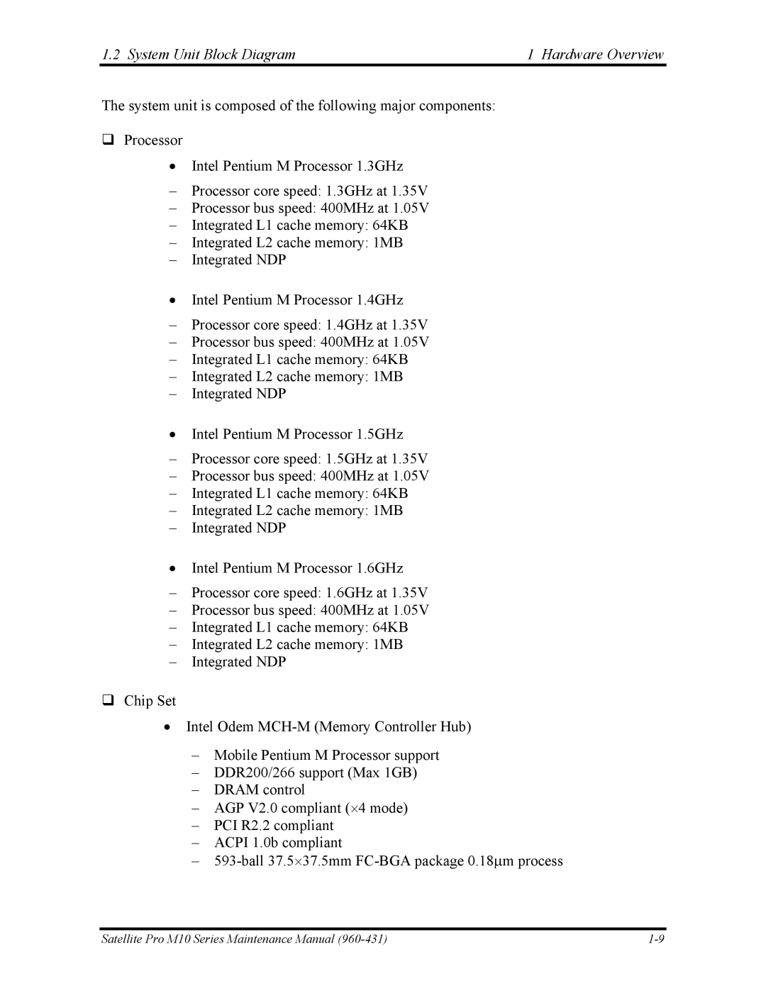 Toshiba M10 manual System Unit Block Diagram Hardware Overview 