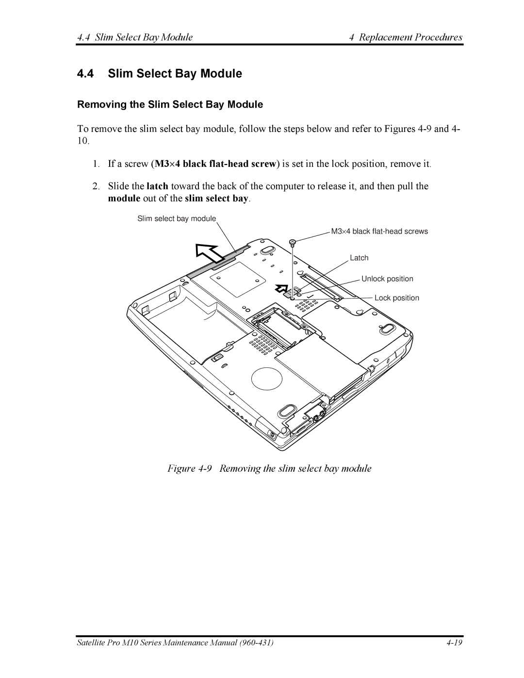 Toshiba M10 manual Slim Select Bay Module Replacement Procedures, Removing the Slim Select Bay Module 