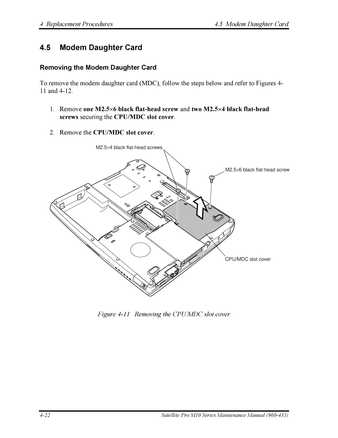 Toshiba M10 manual Replacement Procedures Modem Daughter Card, Removing the Modem Daughter Card 