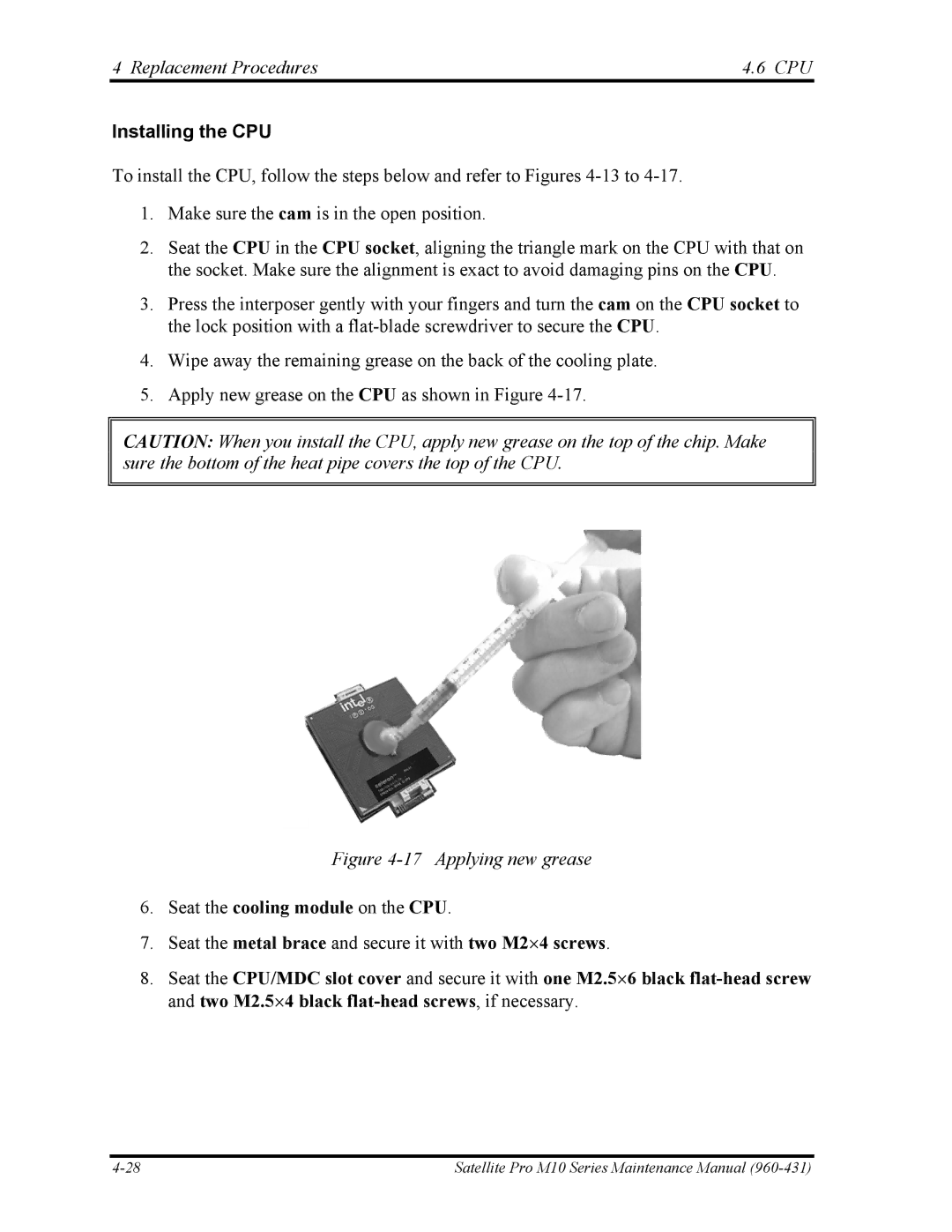 Toshiba M10 manual Installing the CPU, Seat the cooling module on the CPU 