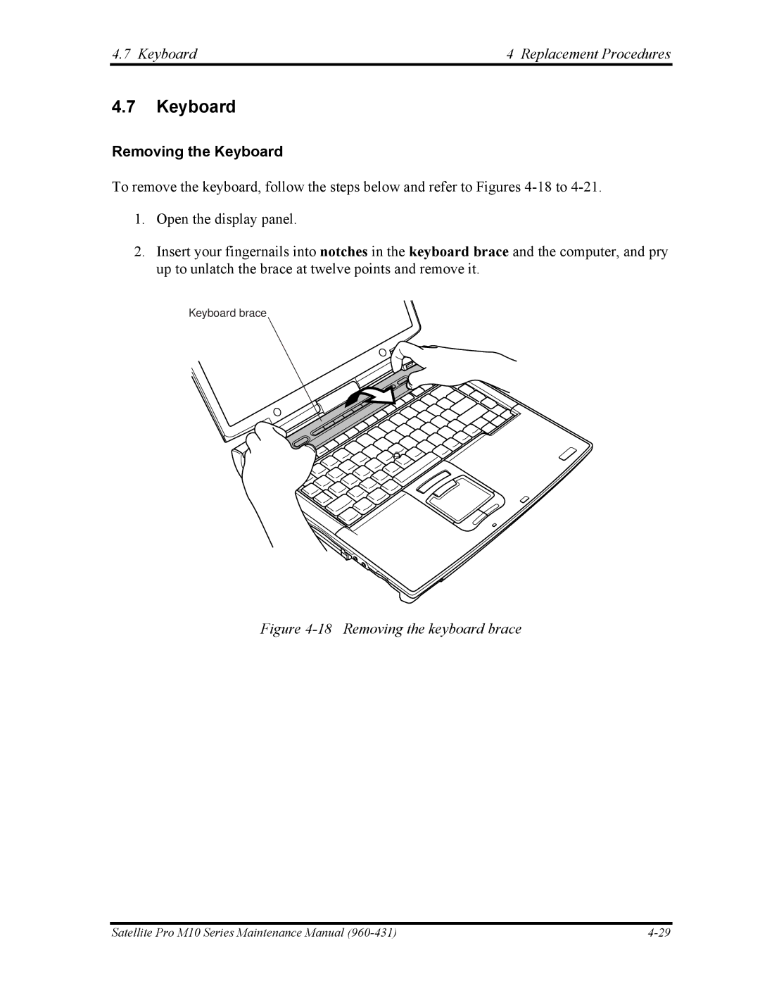 Toshiba M10 manual Keyboard Replacement Procedures, Removing the Keyboard 