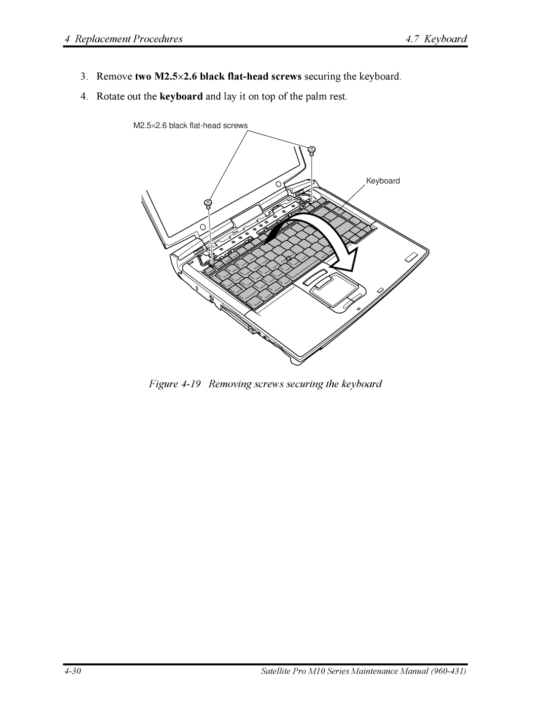 Toshiba M10 manual Replacement Procedures Keyboard, Removing screws securing the keyboard 