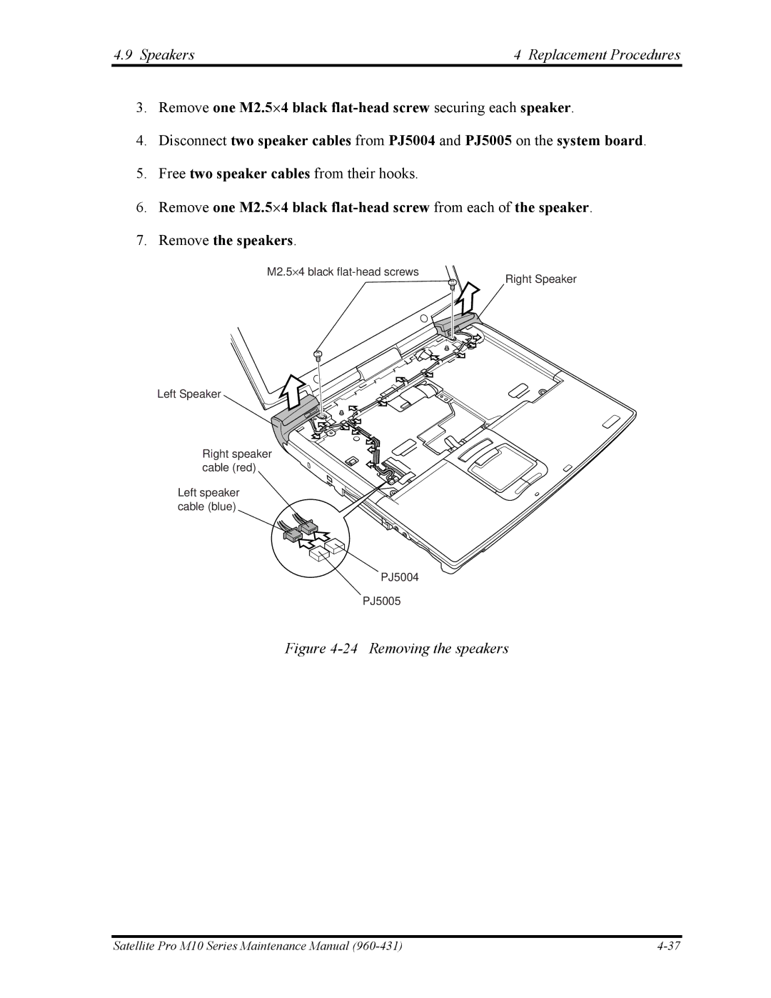 Toshiba M10 manual Speakers Replacement Procedures, Removing the speakers 