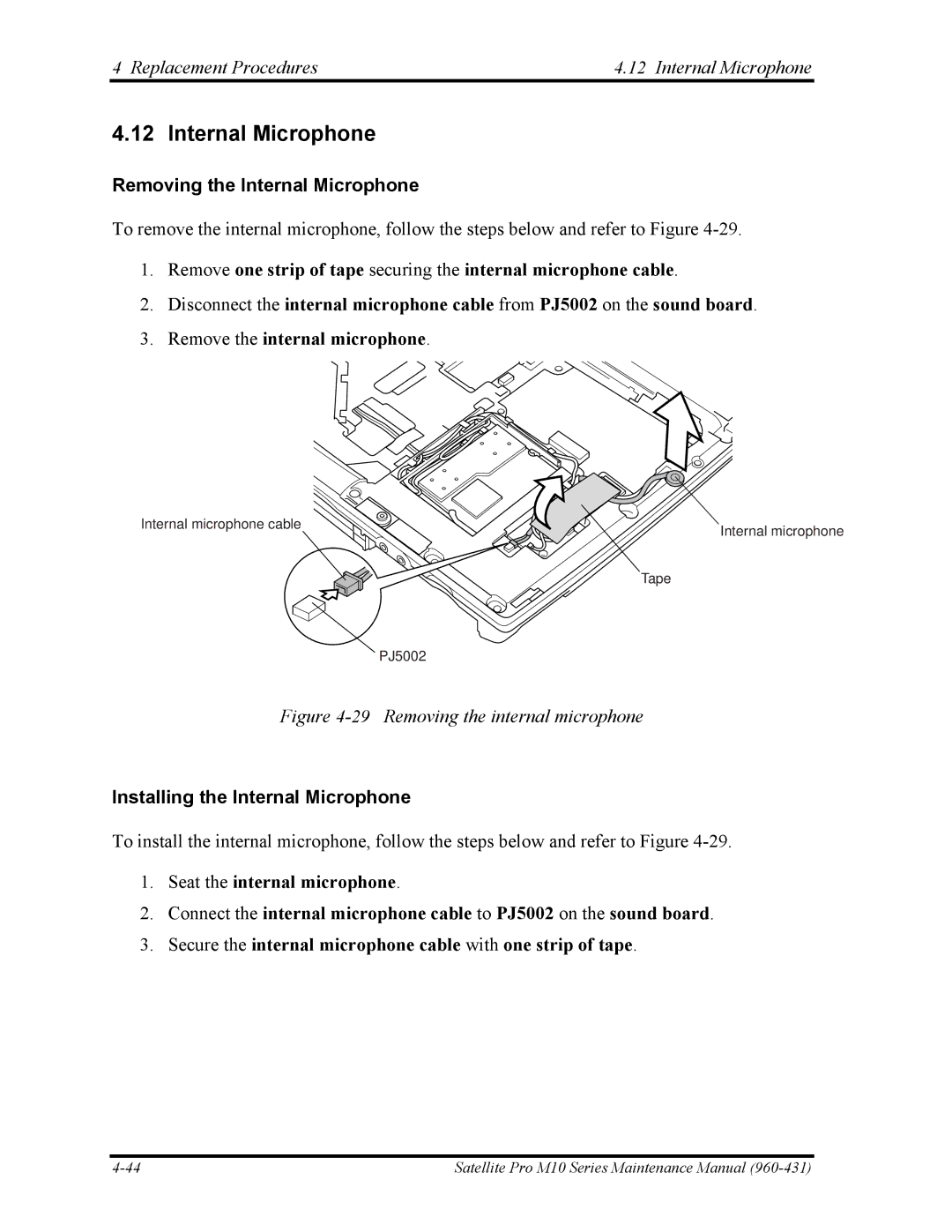 Toshiba M10 manual Replacement Procedures Internal Microphone, Removing the Internal Microphone 