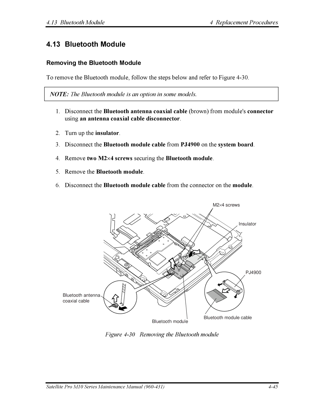 Toshiba M10 manual Bluetooth Module Replacement Procedures, Removing the Bluetooth Module 