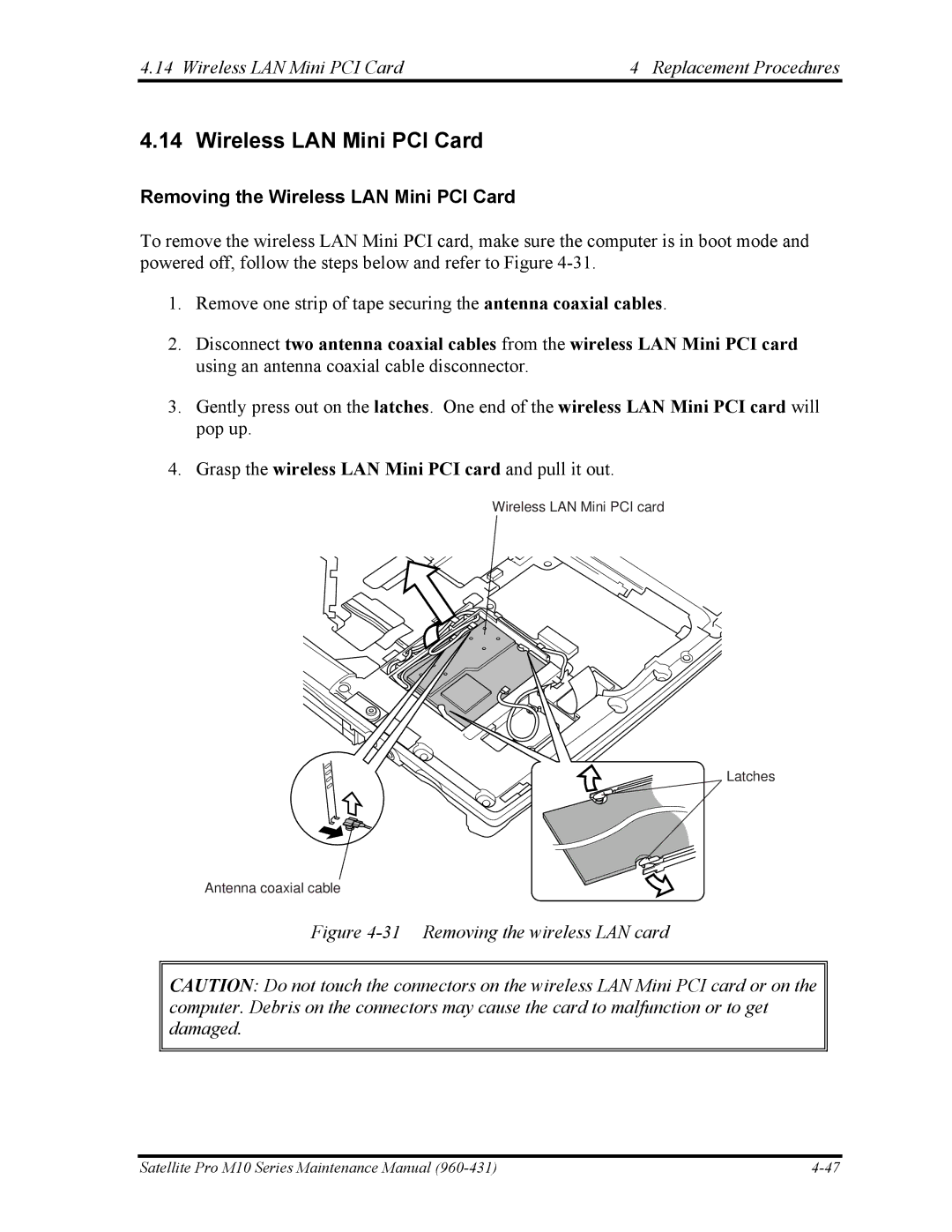 Toshiba M10 manual Wireless LAN Mini PCI Card Replacement Procedures, Removing the Wireless LAN Mini PCI Card 