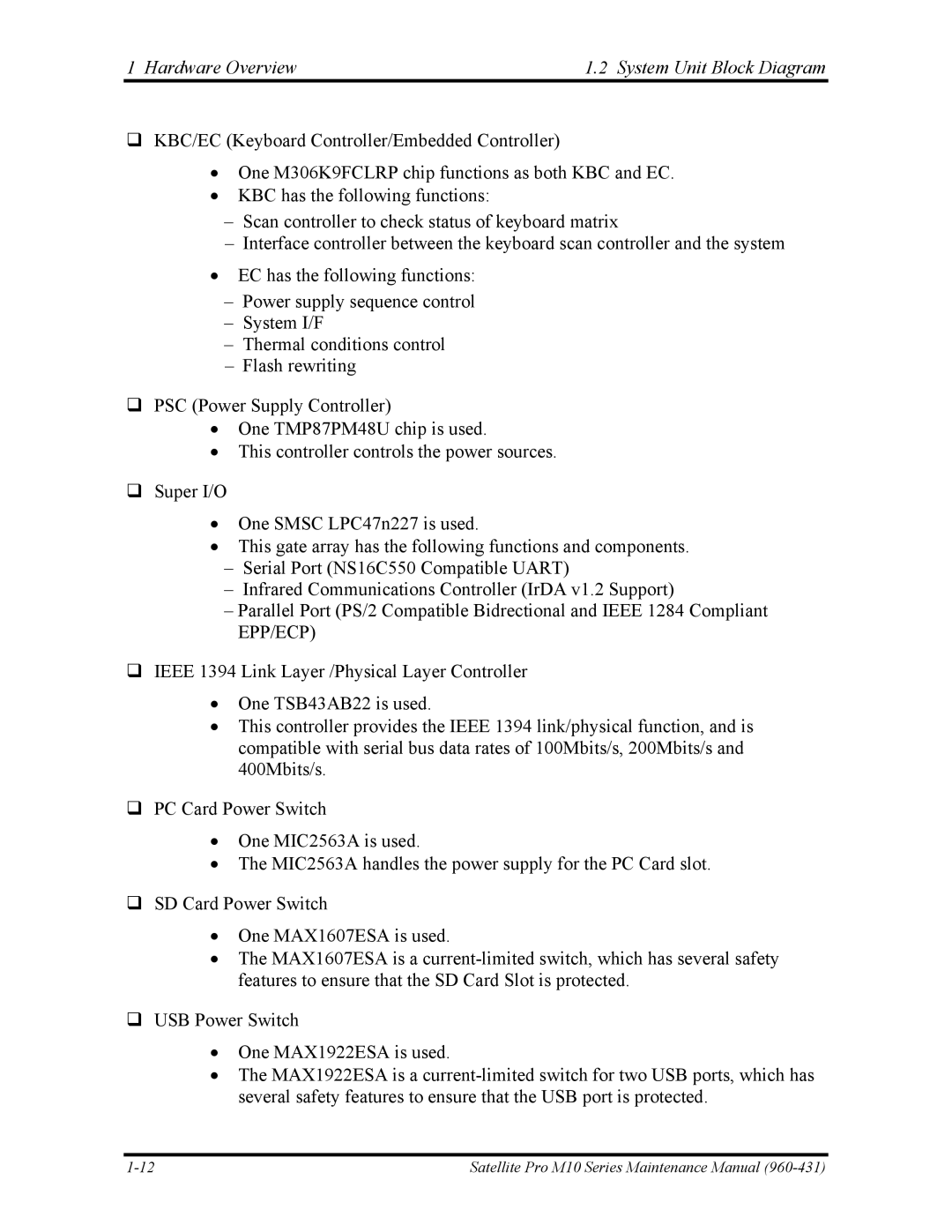 Toshiba M10 manual Hardware Overview System Unit Block Diagram 