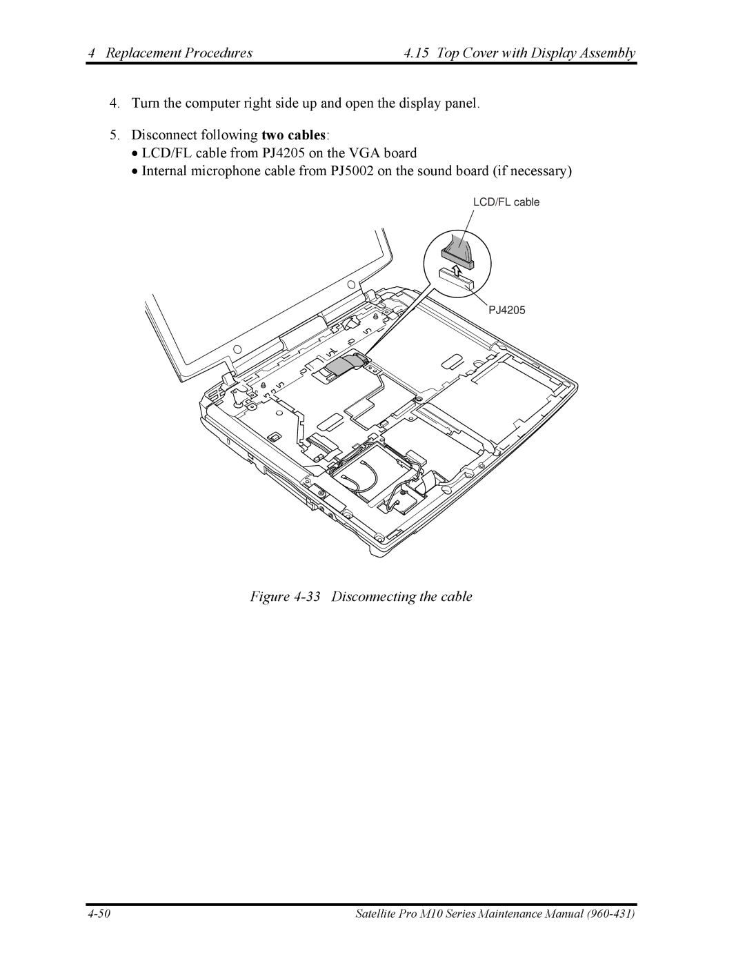 Toshiba M10 manual Replacement Procedures Top Cover with Display Assembly, Disconnecting the cable 