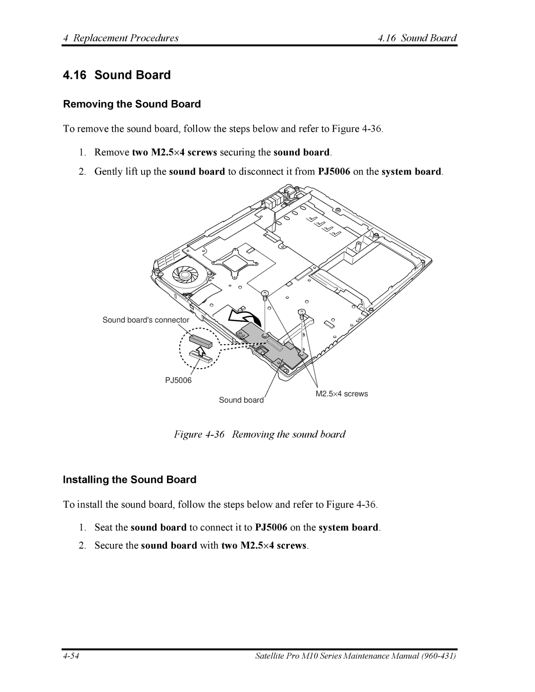 Toshiba M10 Removing the Sound Board, Remove two M2.5⋅4 screws securing the sound board, Installing the Sound Board 