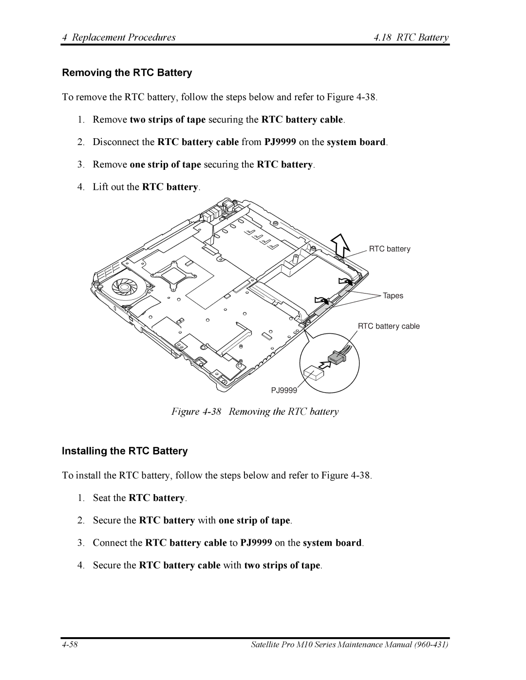 Toshiba M10 manual Replacement Procedures RTC Battery, Removing the RTC Battery, Installing the RTC Battery 