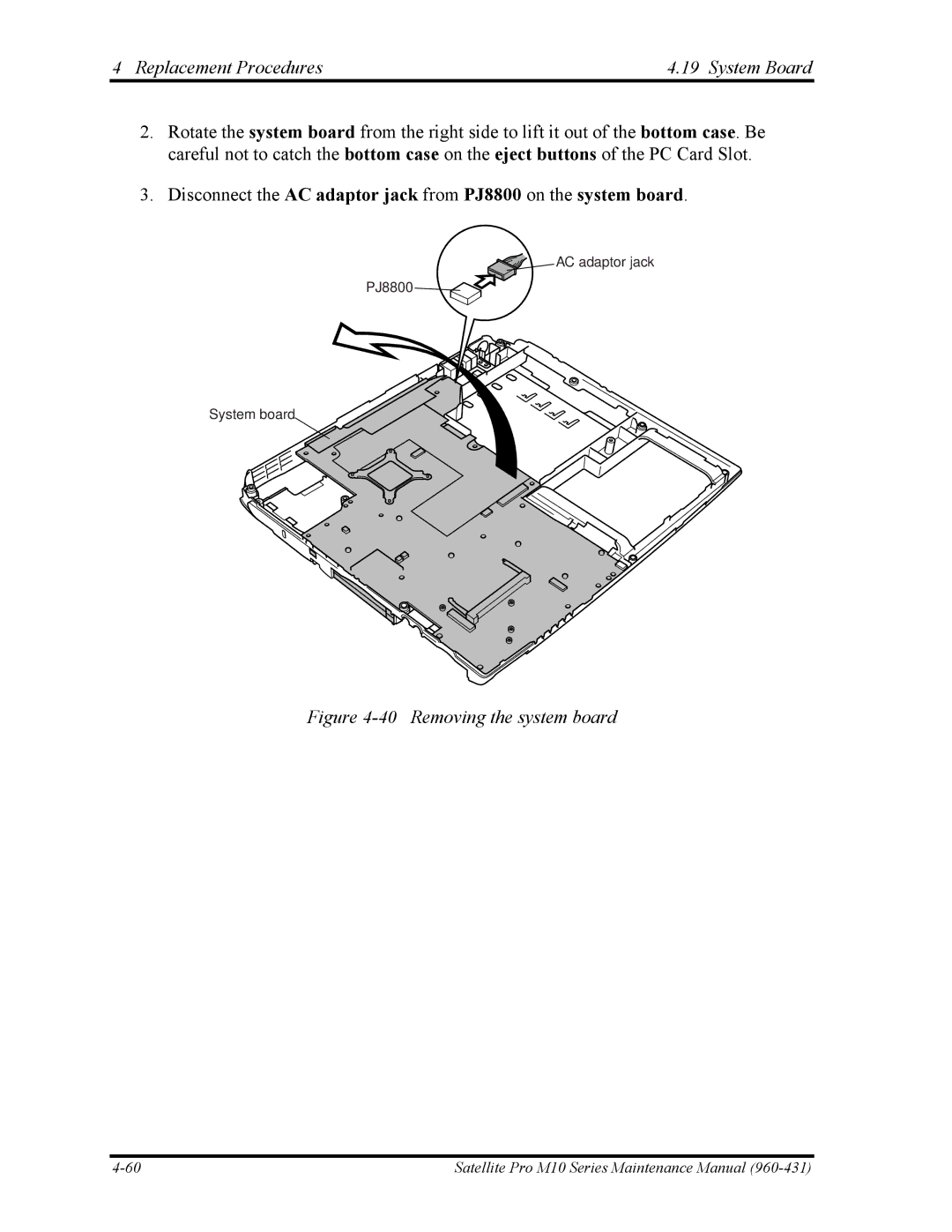 Toshiba M10 manual Replacement Procedures System Board, Removing the system board 