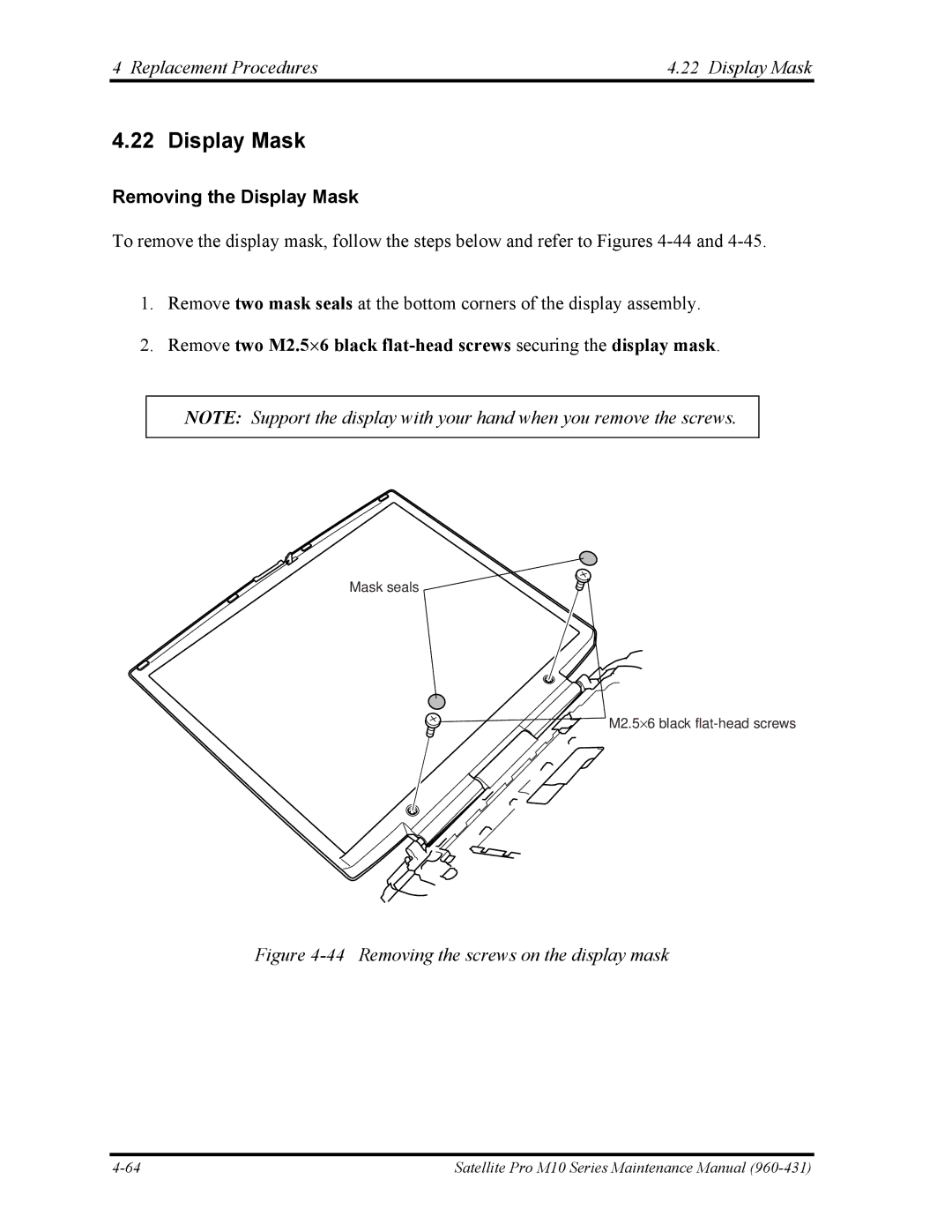 Toshiba M10 manual Replacement Procedures Display Mask, Removing the Display Mask 