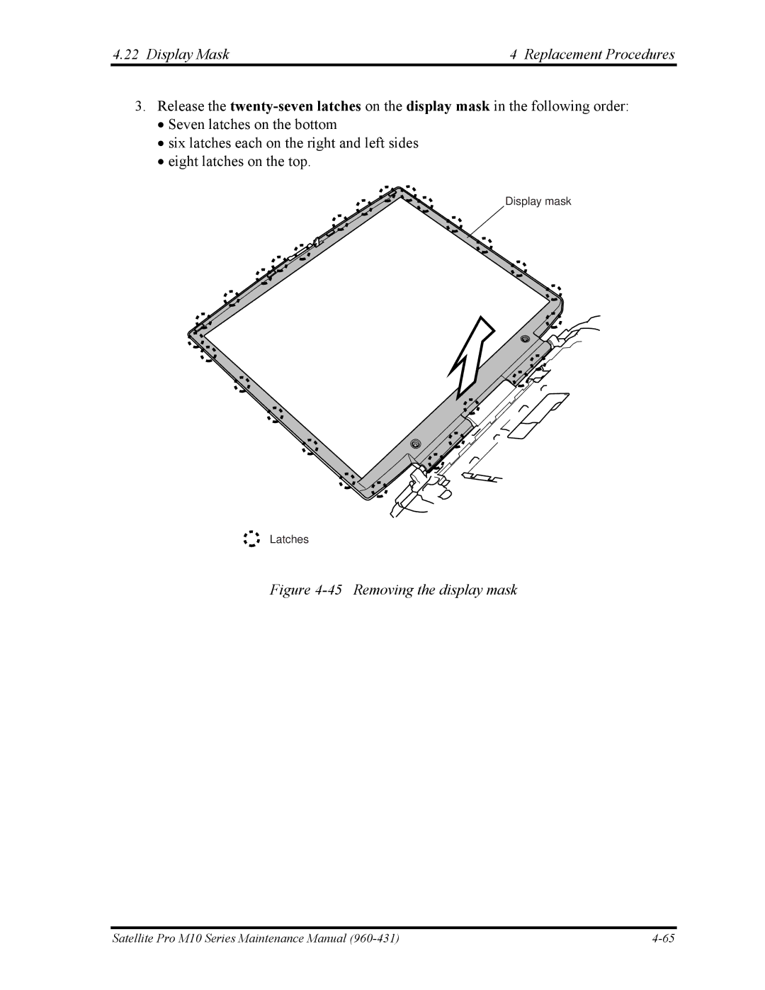 Toshiba M10 manual Display Mask Replacement Procedures, Removing the display mask 