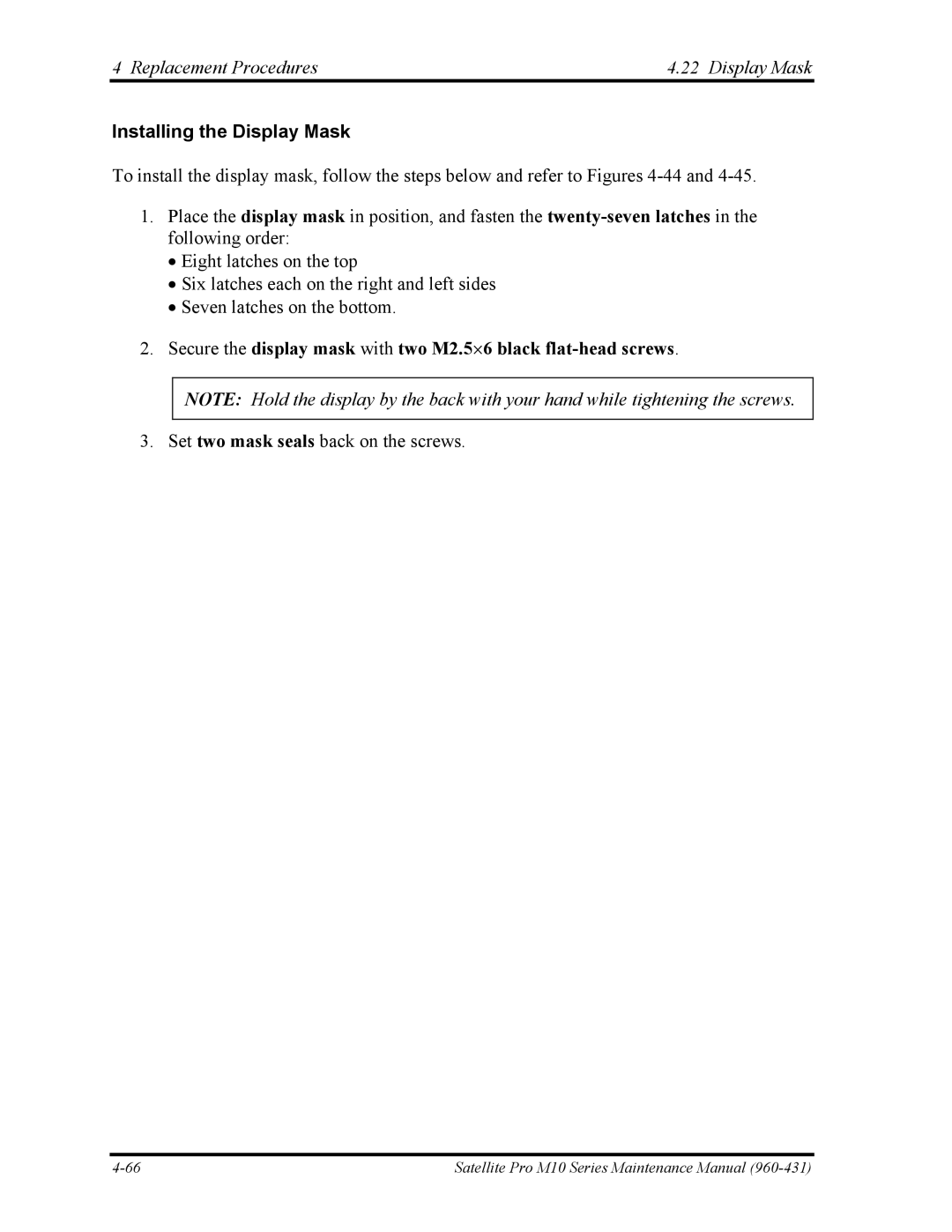 Toshiba M10 manual Installing the Display Mask 