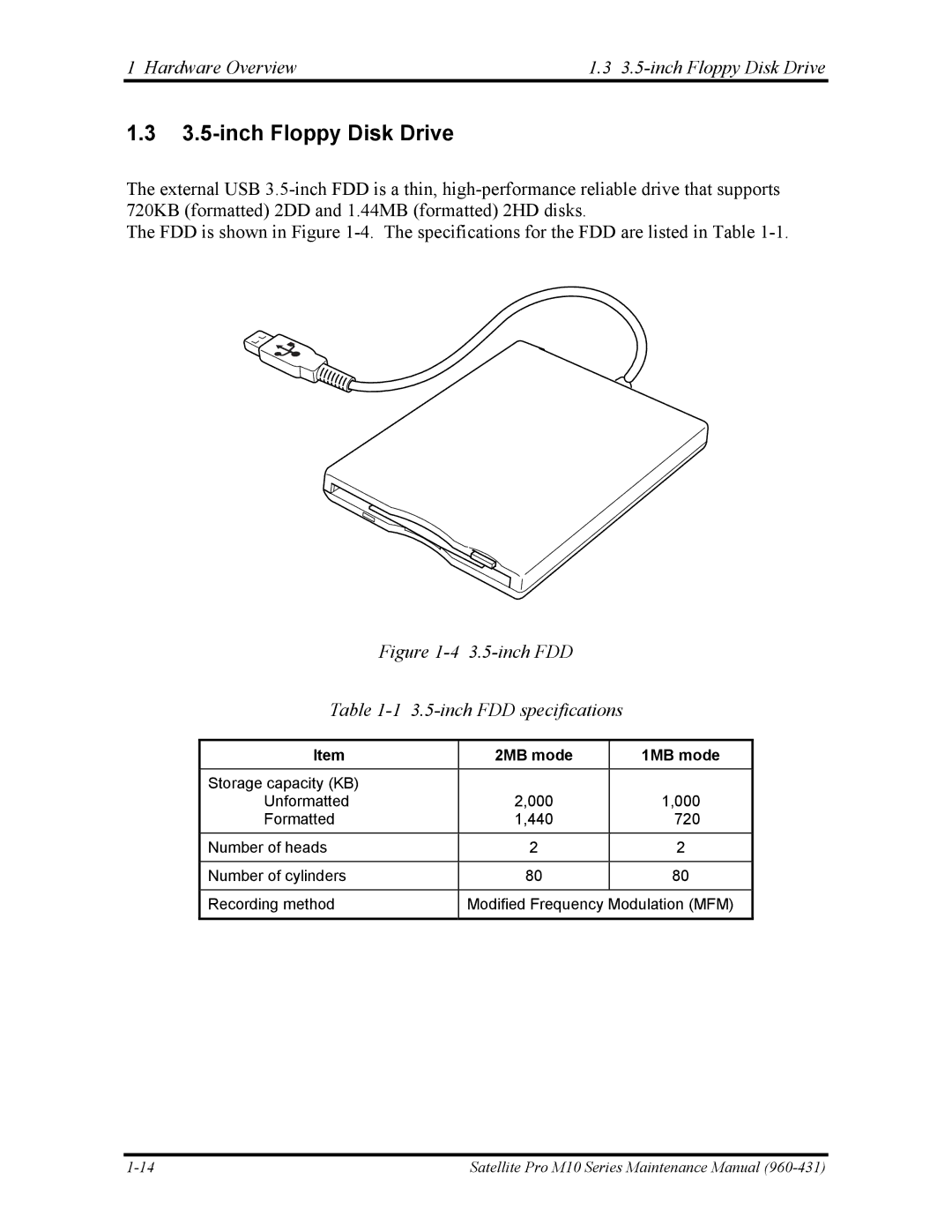 Toshiba M10 manual Hardware Overview 3.5-inch Floppy Disk Drive 