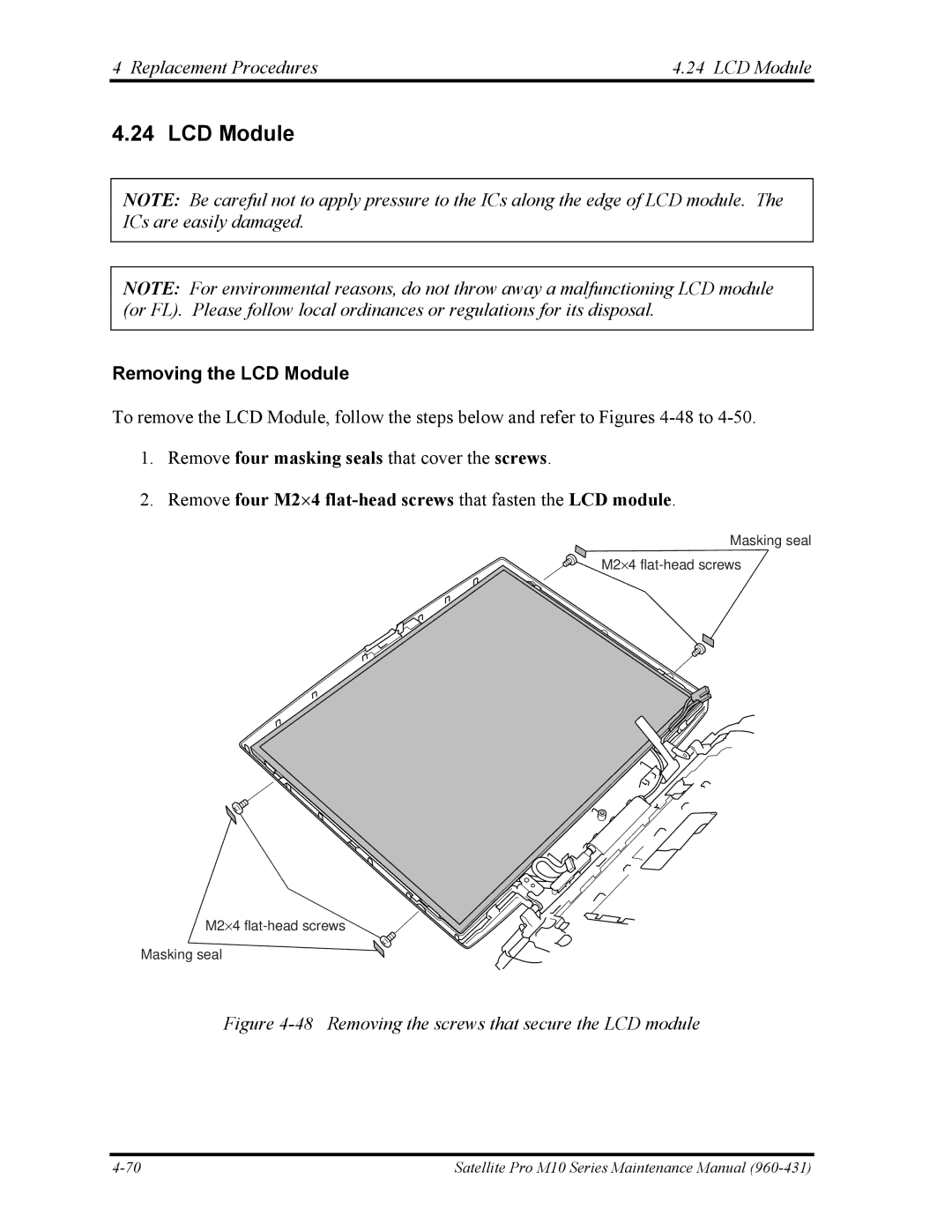 Toshiba M10 manual Replacement Procedures LCD Module, Removing the LCD Module 