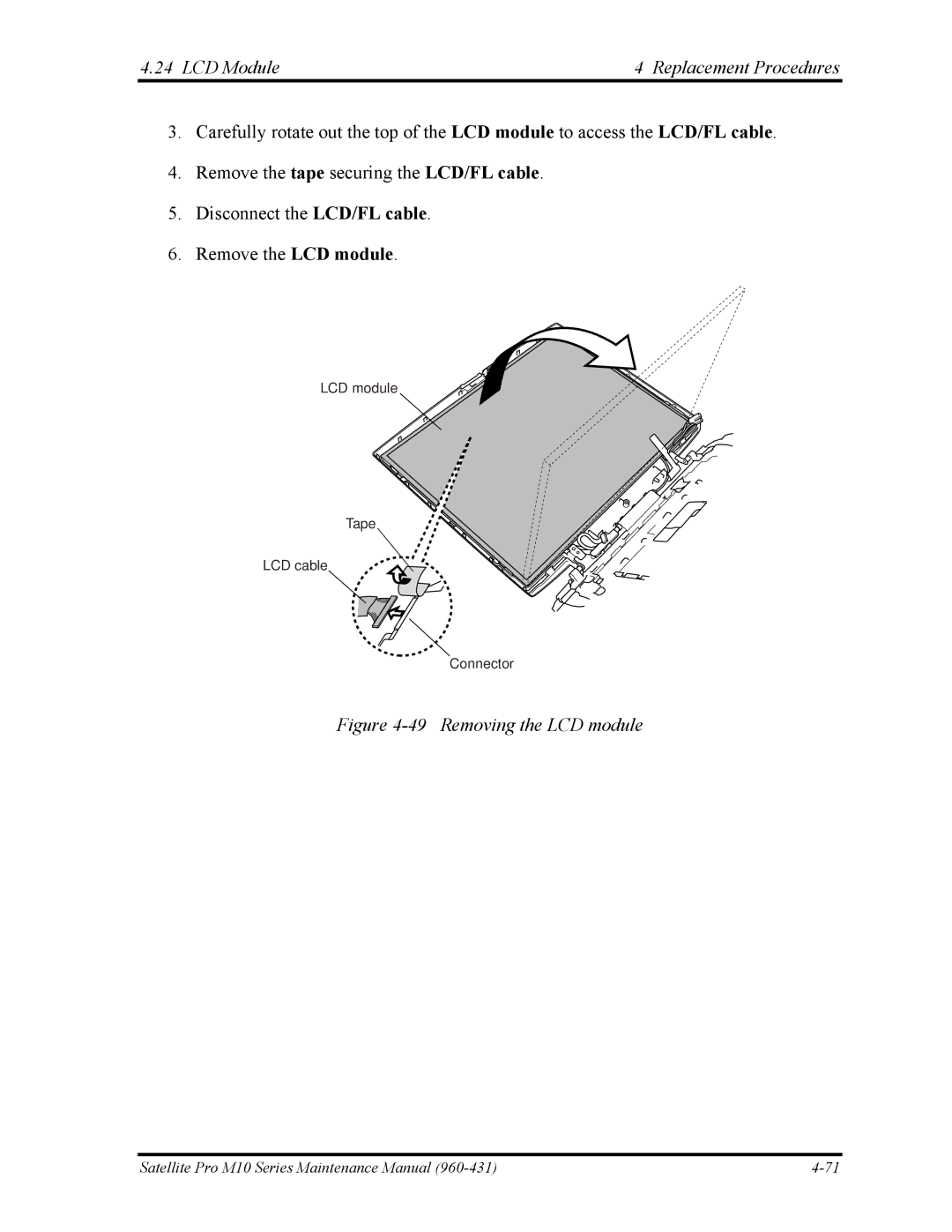 Toshiba M10 manual LCD Module Replacement Procedures, Removing the LCD module 