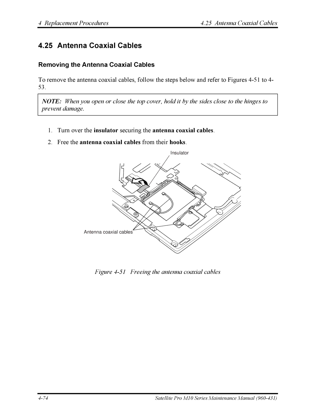 Toshiba M10 manual Replacement Procedures Antenna Coaxial Cables, Removing the Antenna Coaxial Cables 