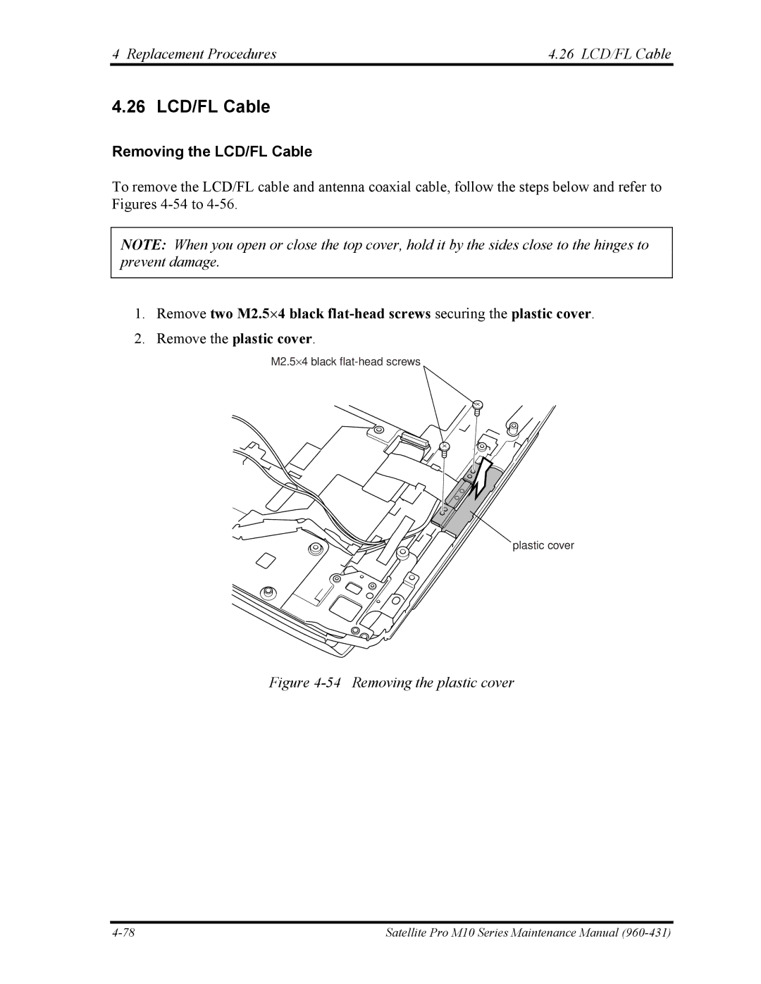 Toshiba M10 manual Replacement Procedures 26 LCD/FL Cable, Removing the LCD/FL Cable 