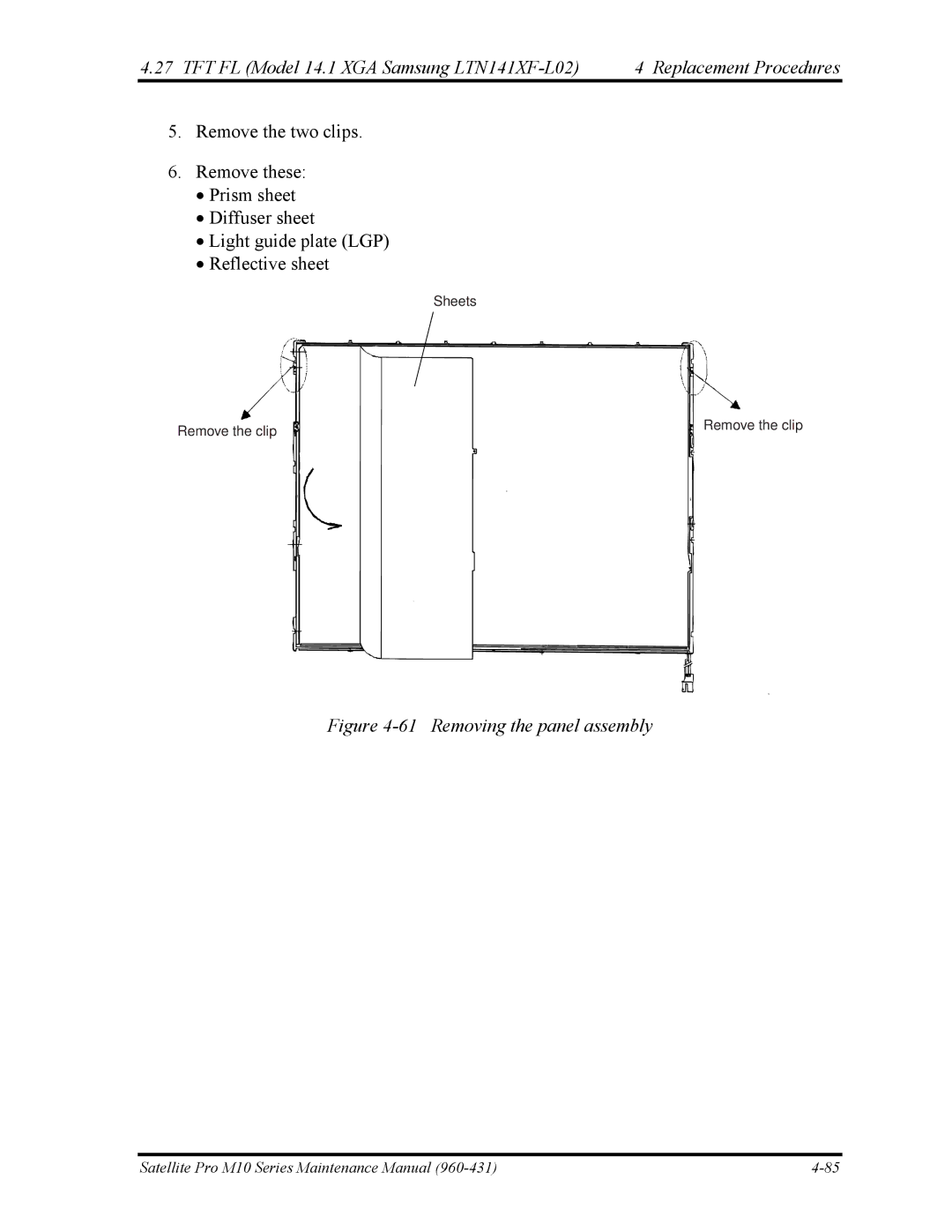 Toshiba M10 manual Removing the panel assembly 