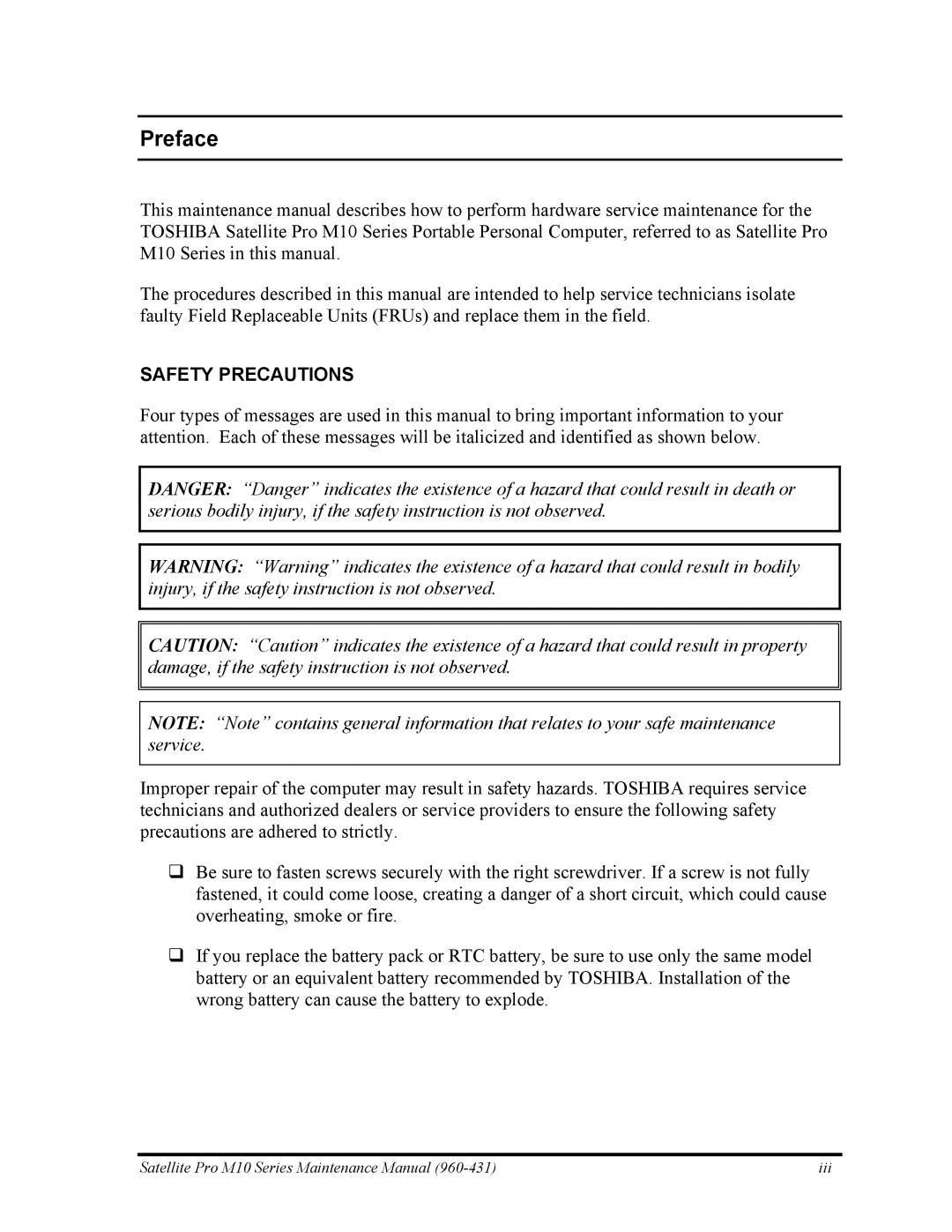 Toshiba M10 manual Preface, Safety Precautions 