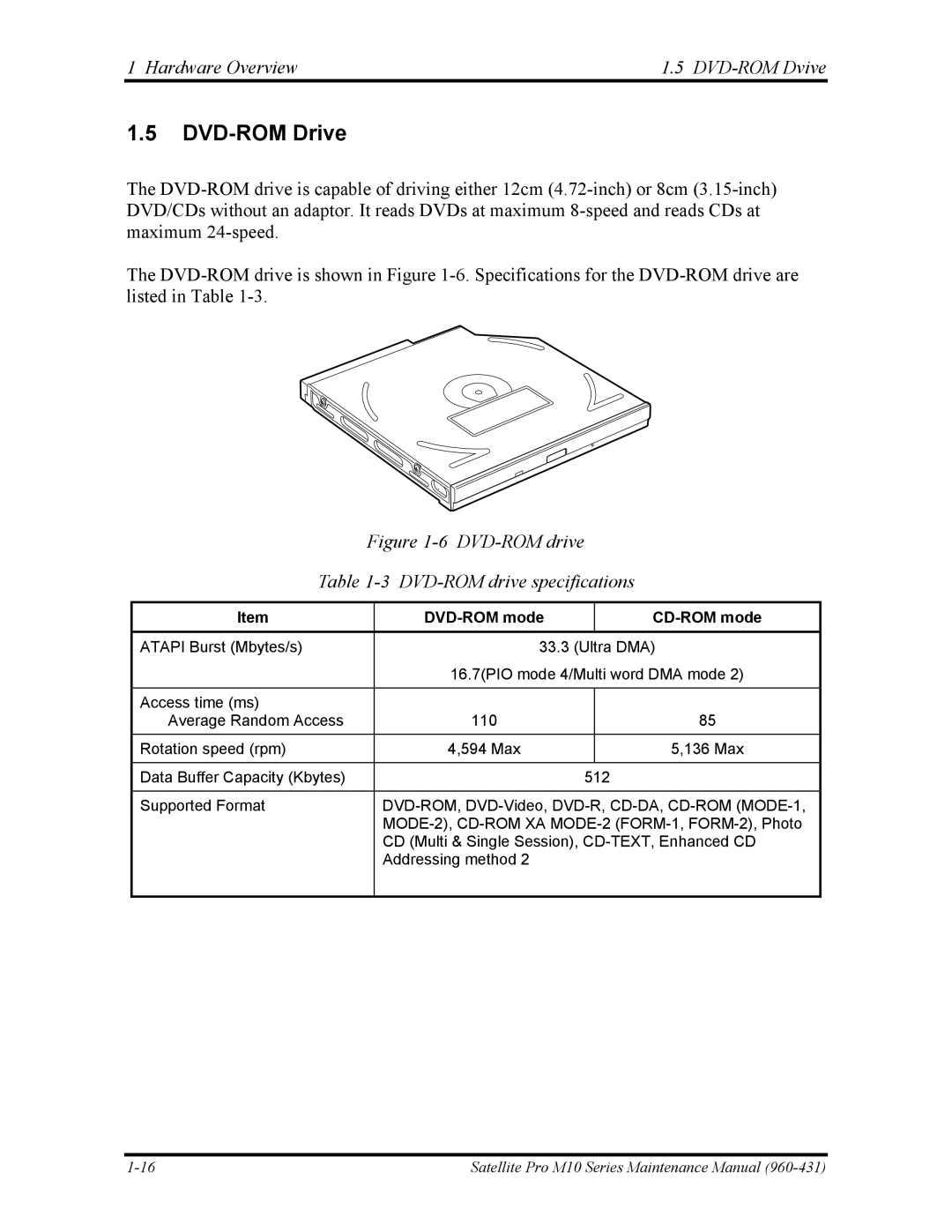 Toshiba M10 manual DVD-ROM Drive, Hardware Overview DVD-ROM Dvive 