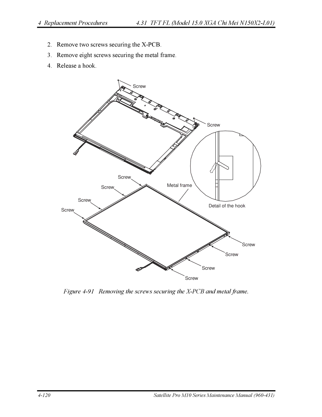 Toshiba M10 manual Removing the screws securing the X-PCB and metal frame 