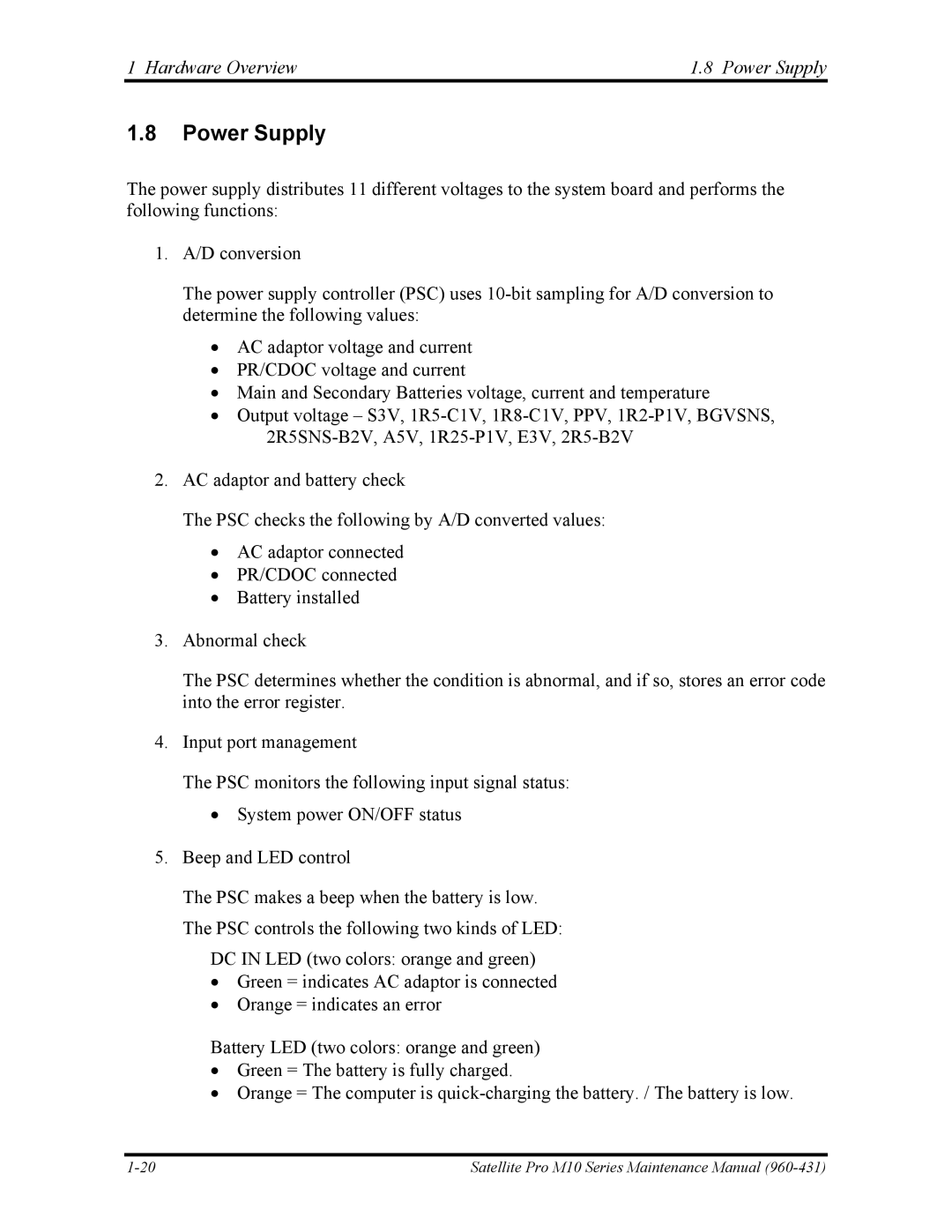 Toshiba M10 manual Hardware Overview Power Supply 