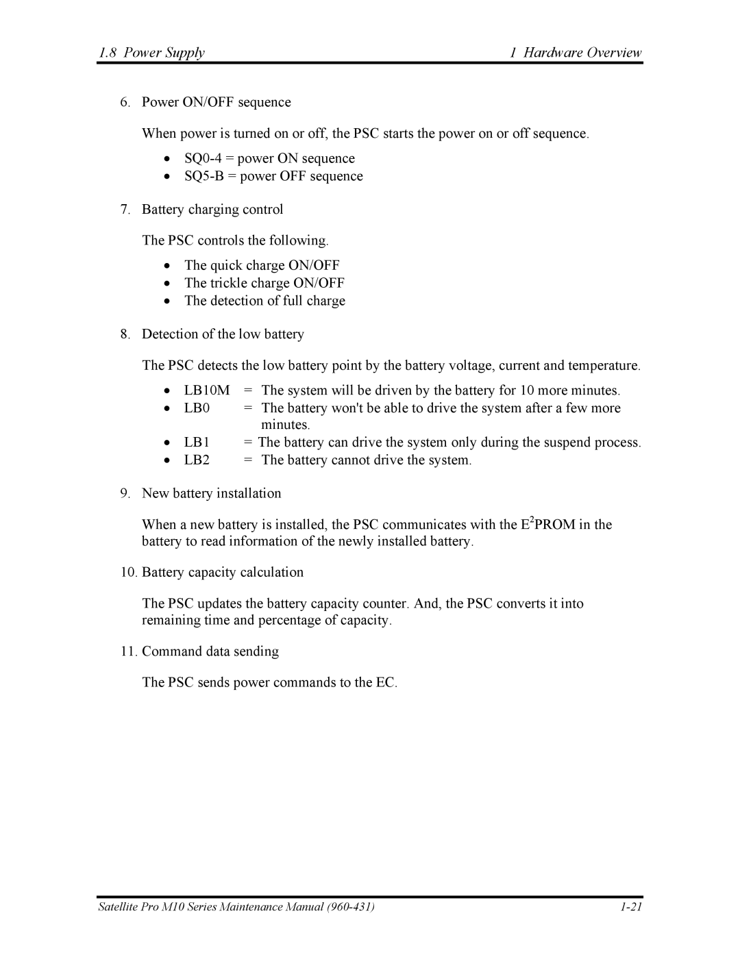 Toshiba M10 manual Power Supply Hardware Overview, LB2 