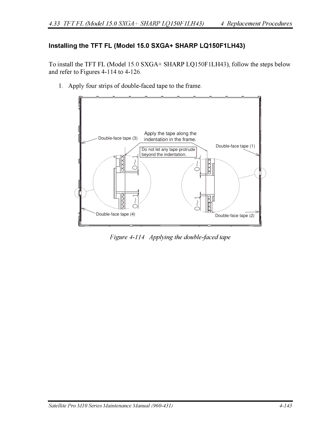 Toshiba M10 manual Installing the TFT FL Model 15.0 SXGA+ Sharp LQ150F1LH43, Applying the double-faced tape 