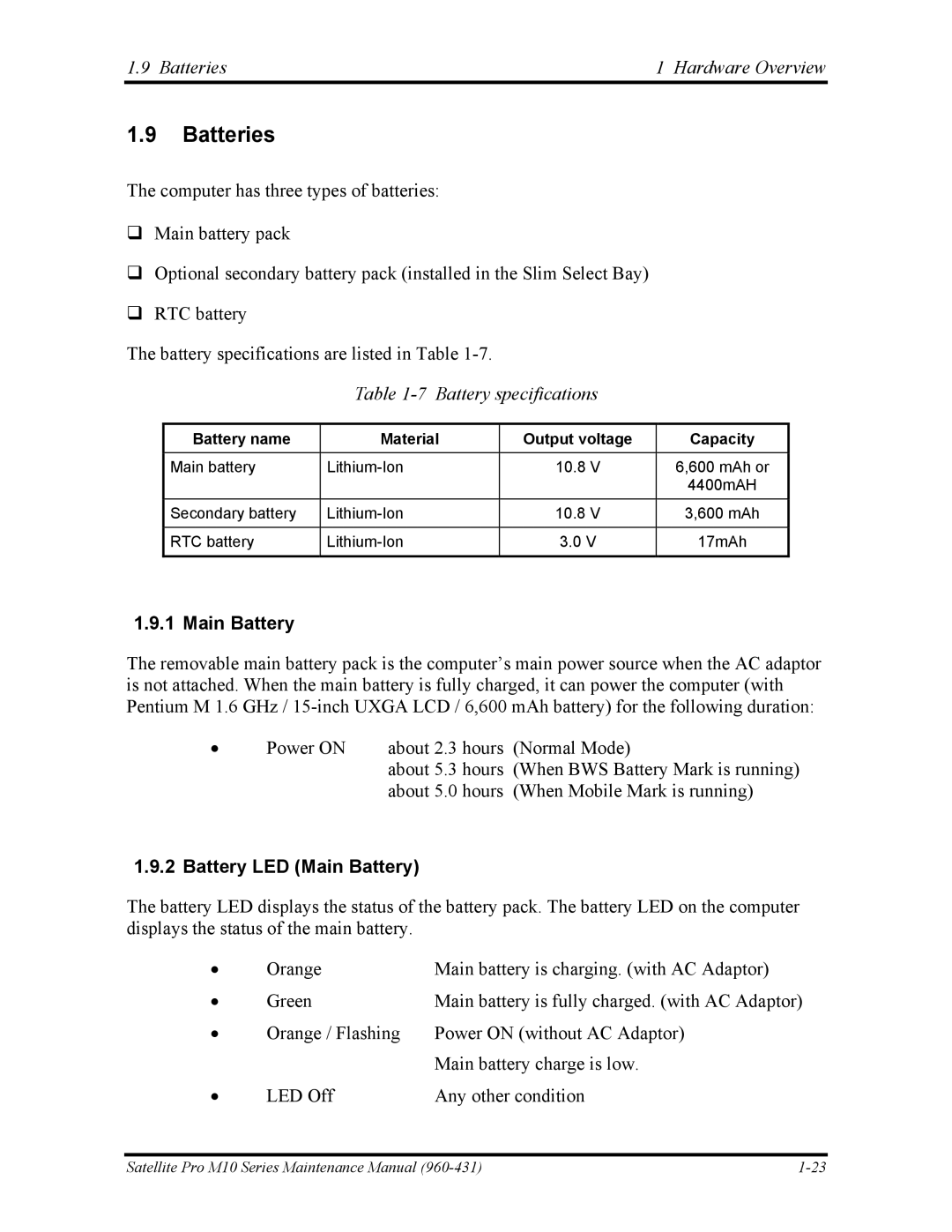 Toshiba M10 manual Batteries Hardware Overview, Battery specifications, Battery LED Main Battery 