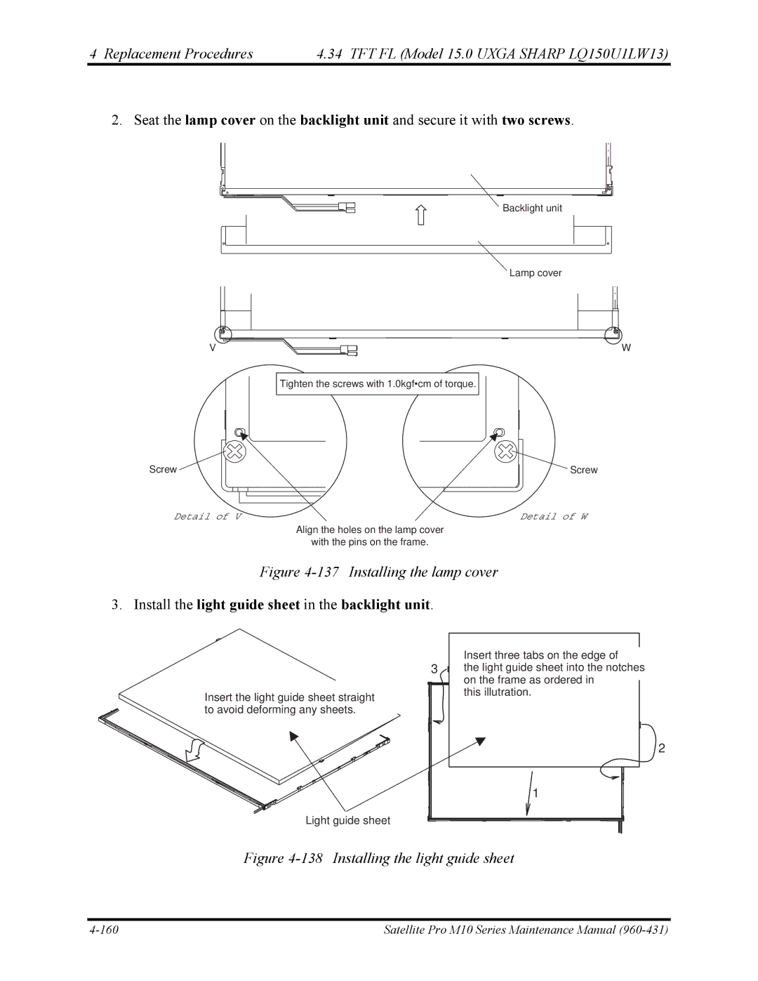 Toshiba M10 manual Installing the lamp cover, Install the light guide sheet in the backlight unit 