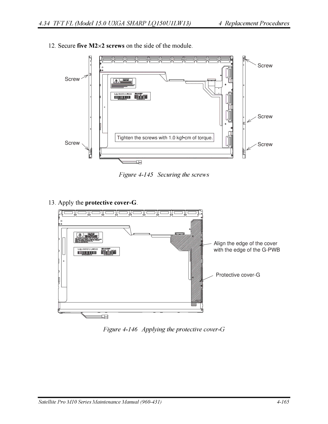 Toshiba M10 manual Securing the screws, Apply the protective cover-G 