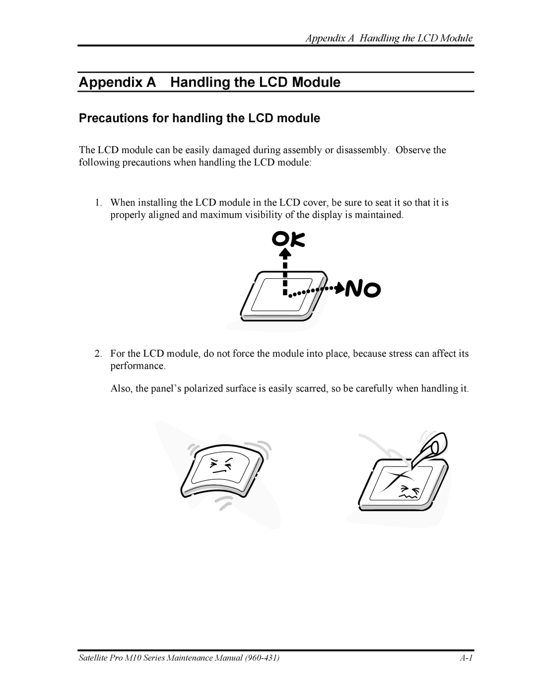 Toshiba M10 manual Precautions for handling the LCD module, Appendix a Handling the LCD Module 