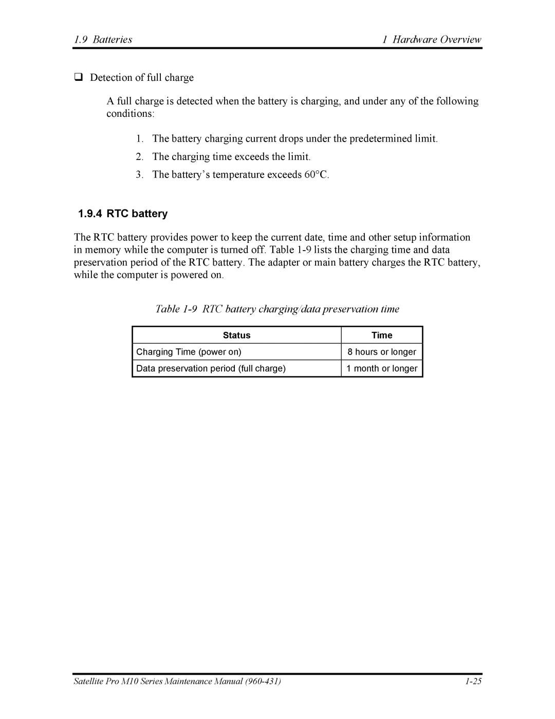 Toshiba M10 manual RTC battery charging/data preservation time 