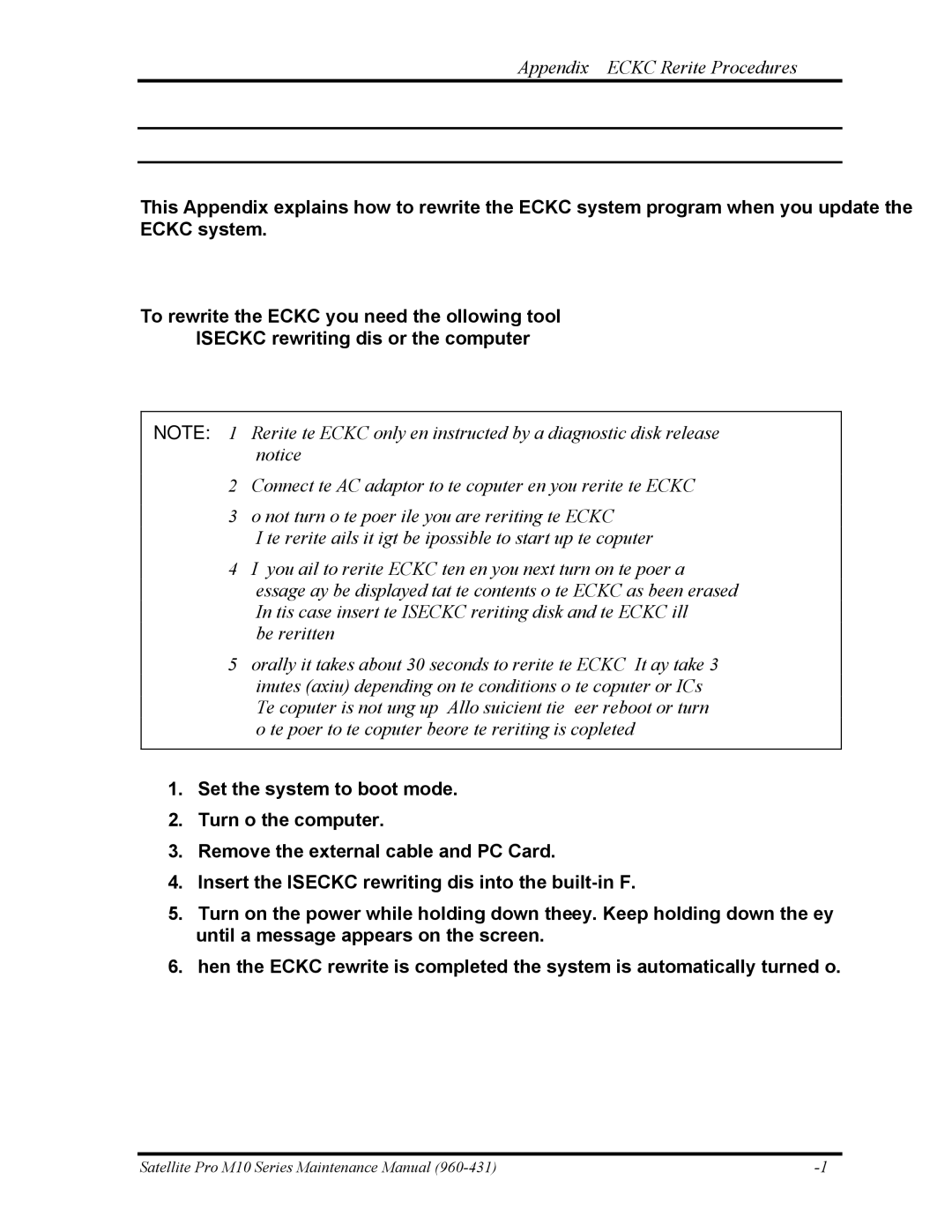 Toshiba M10 manual Appendix H EC/KBC Rewrite Procedures, Rewriting the EC/KBC 