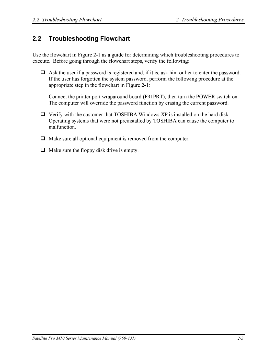 Toshiba M10 manual Troubleshooting Flowchart Troubleshooting Procedures 