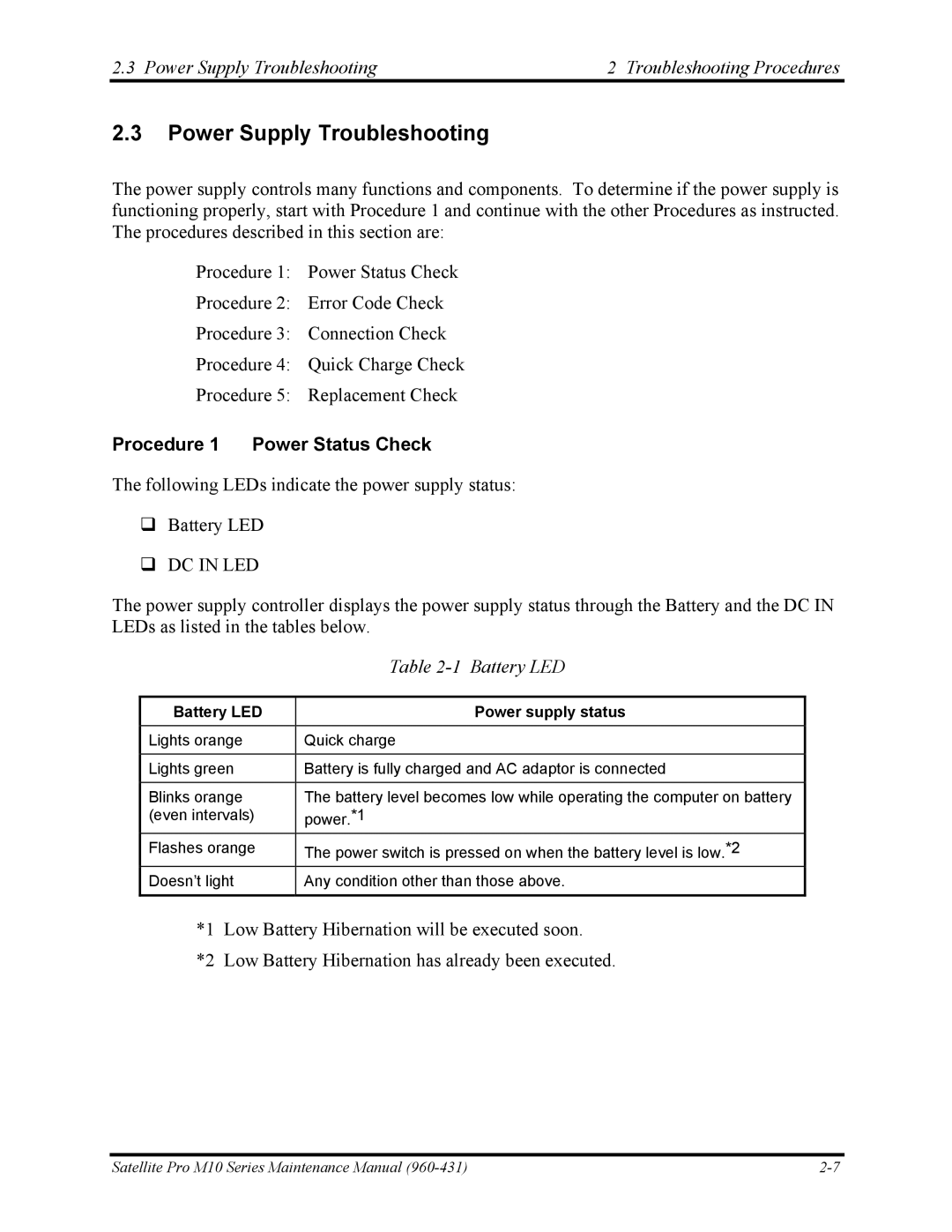 Toshiba M10 manual Power Supply Troubleshooting Troubleshooting Procedures, Procedure 1 Power Status Check, Battery LED 